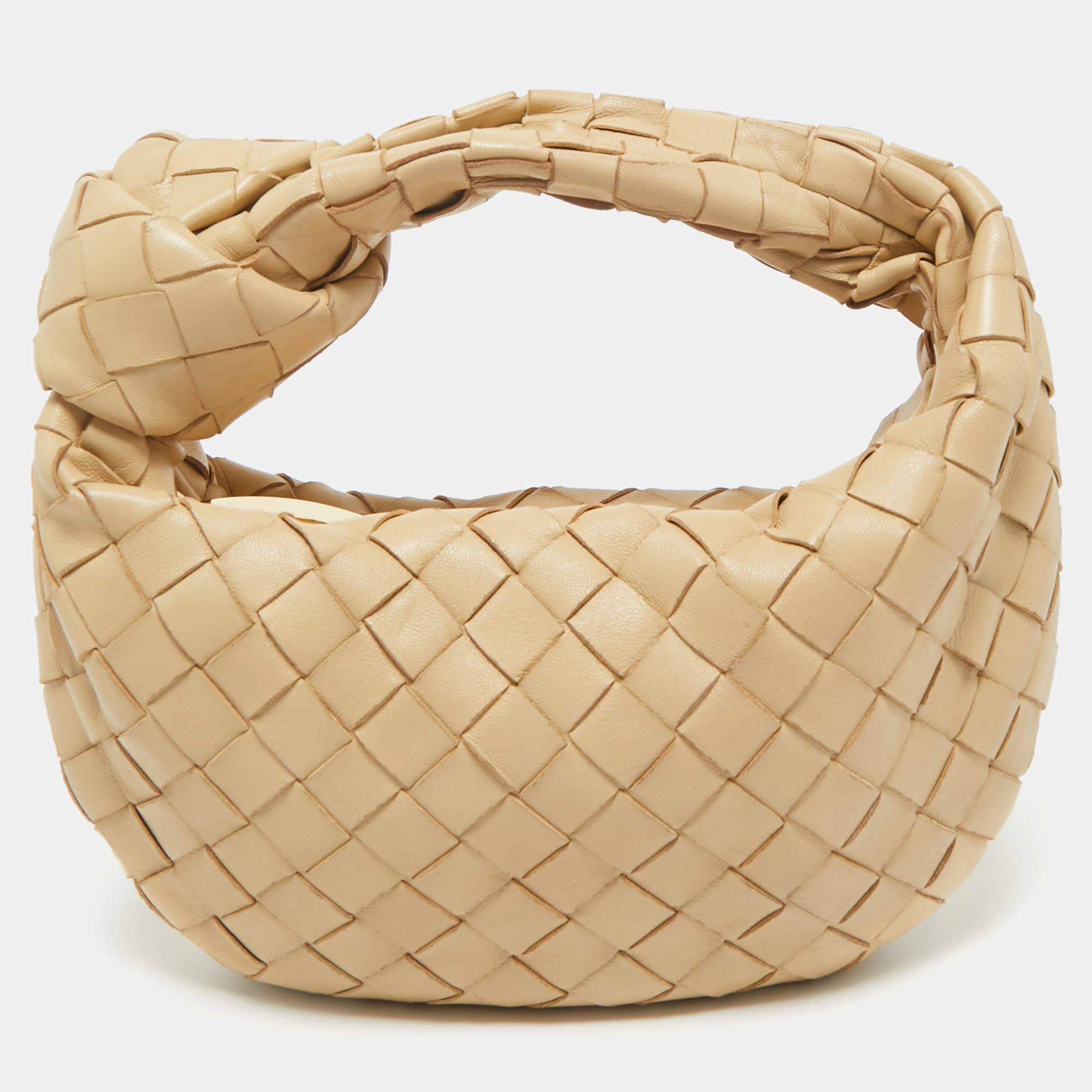 Pre Owned Bottega Veneta Beige Intrecciato Leather Mini Jodie Hobo