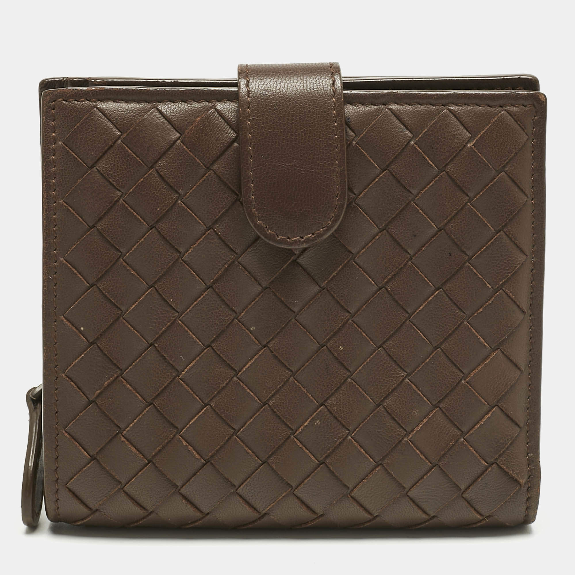 Pre Owned Bottega Veneta Dark Brown Intrecciato Leather French Wallet