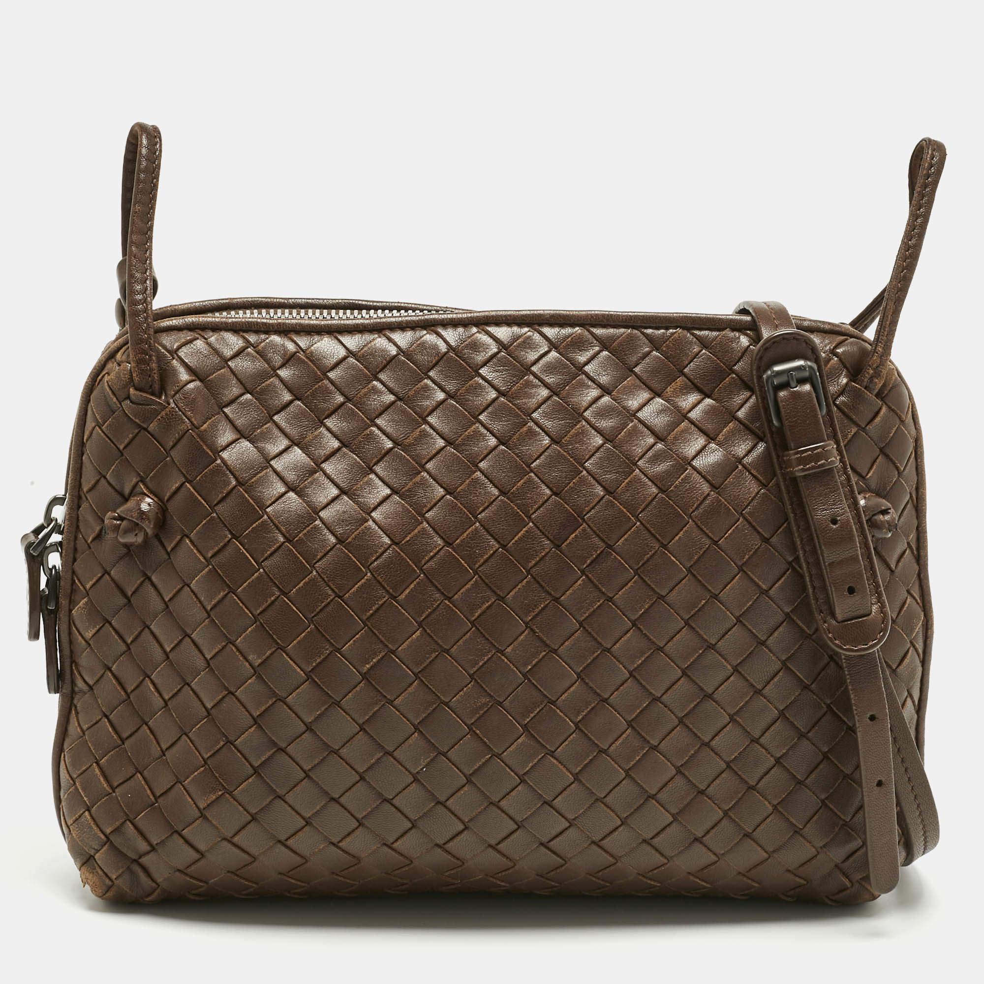 Pre Owned Bottega Veneta Brown Intrecciato Leather Nodini Crossbody Bag