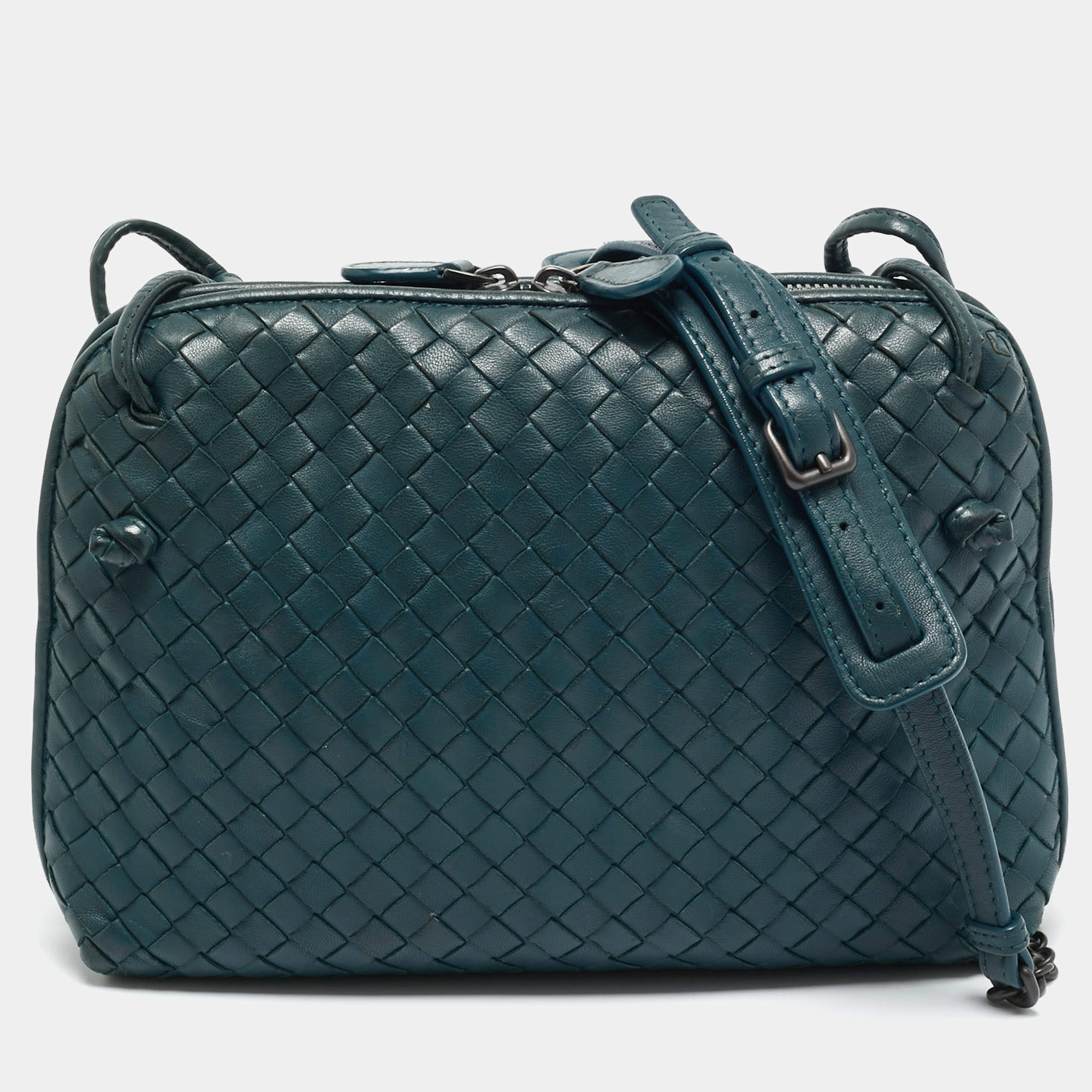 Pre Owned Bottega Veneta Teal Green Intrecciato Leather Nodini Crossbody Bag