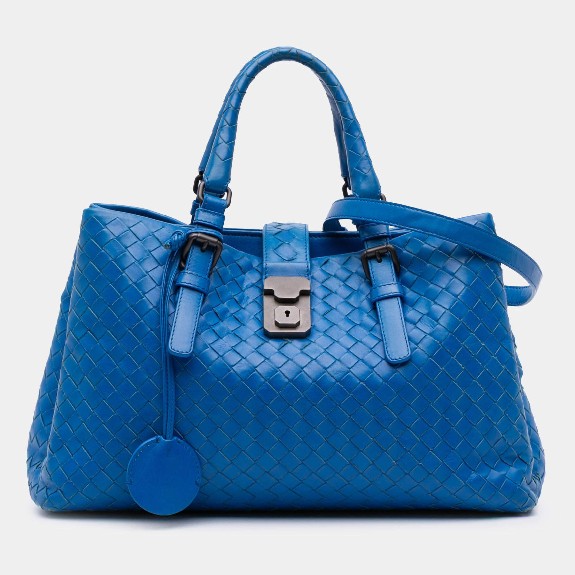 Pre Owned Bottega Veneta Blue Small Nappa Intrecciato Roma Satchel
