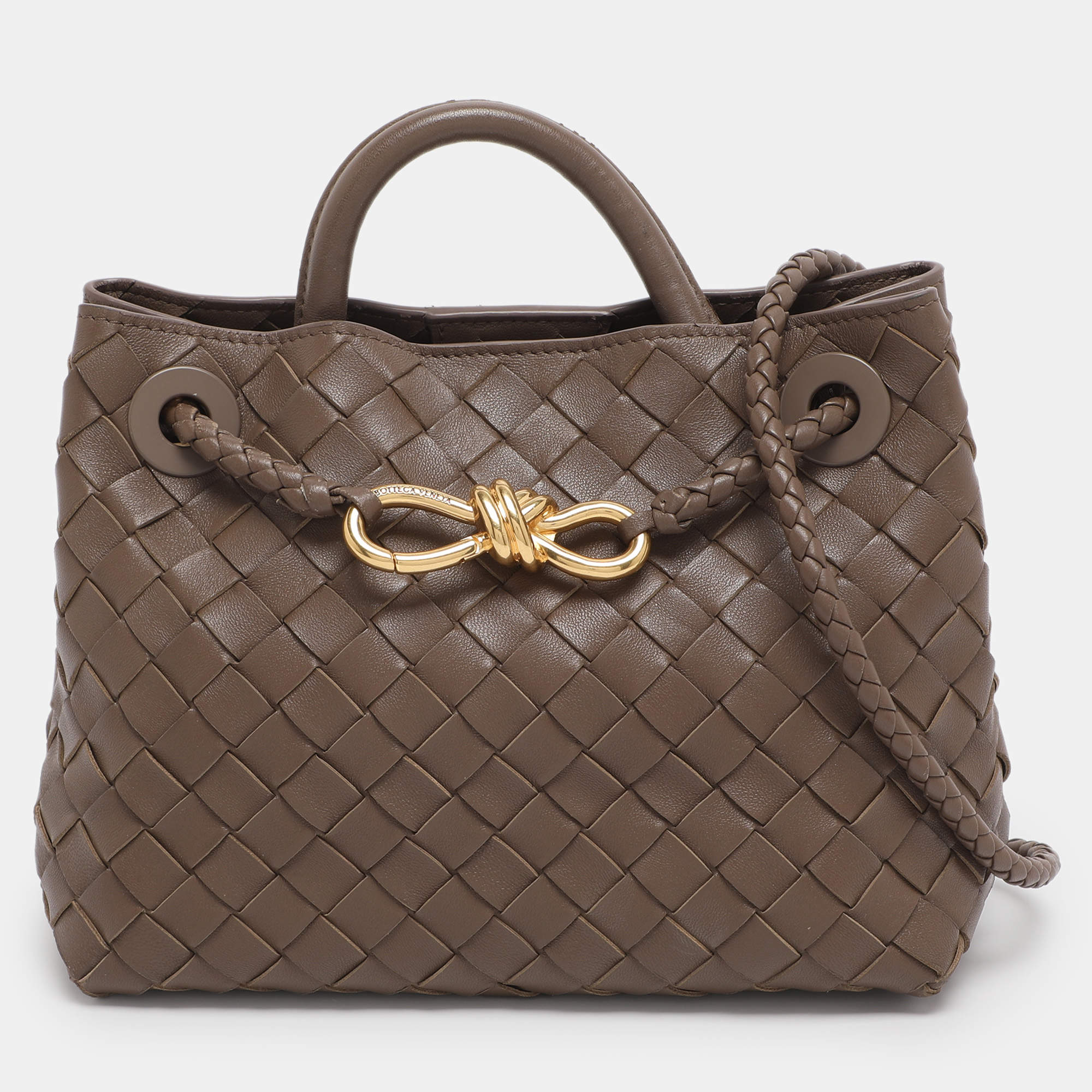 Pre Owned Bottega Veneta Brown Intrecciato Leather Andiamo Top Handle Bag