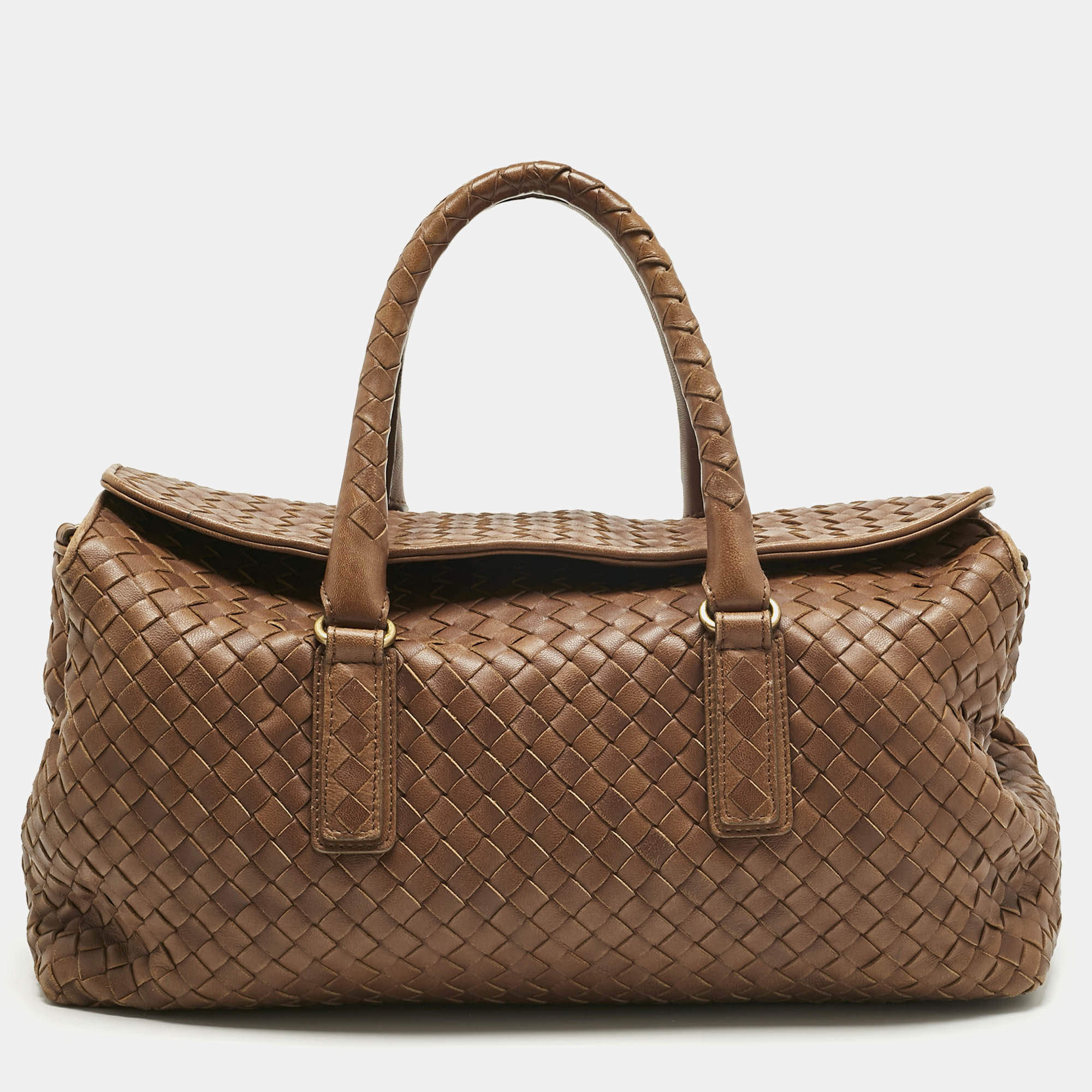 Pre Owned Bottega Veneta Brown Intrecciato Leather Flap Bowler Bag