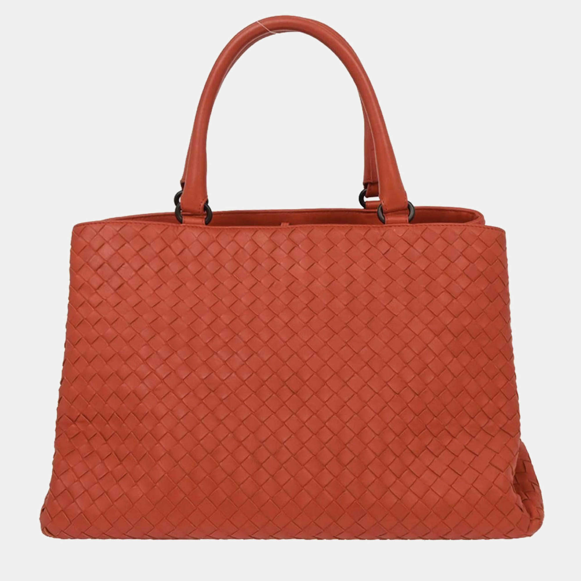 Pre Owned Bottega Veneta Intrecciato Vermilion Red Leather Tote Bag