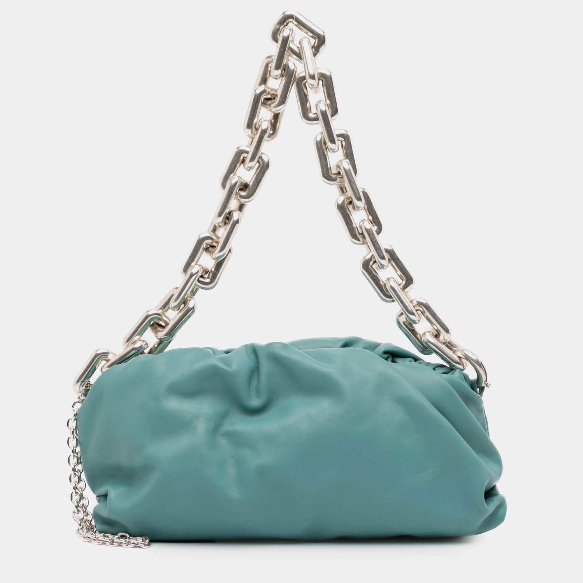 Pre Owned Bottega Veneta Blue Lambskin Chain Pouch