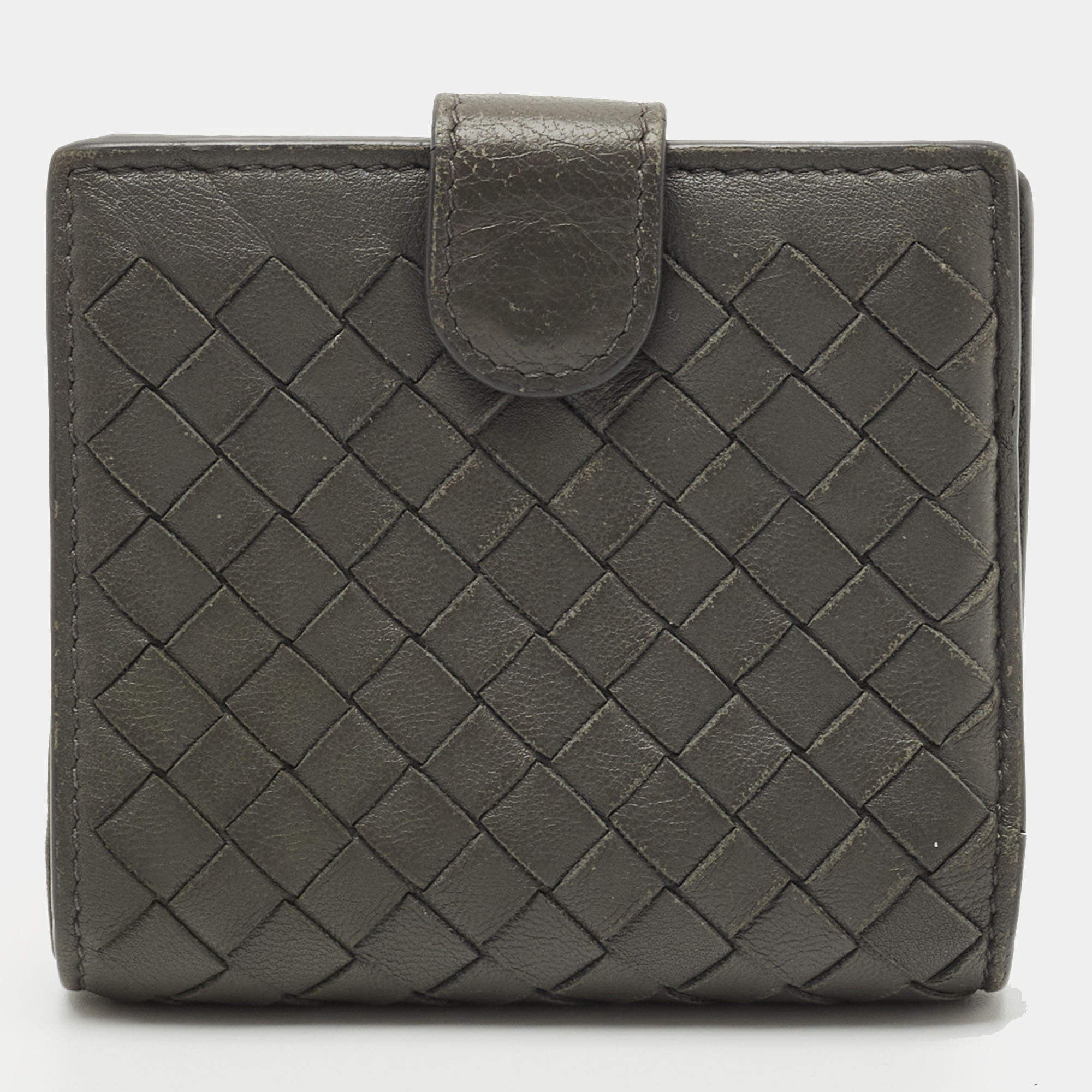 Pre Owned Bottega Veneta Grey Intrecciato Leather Flap French Wallet