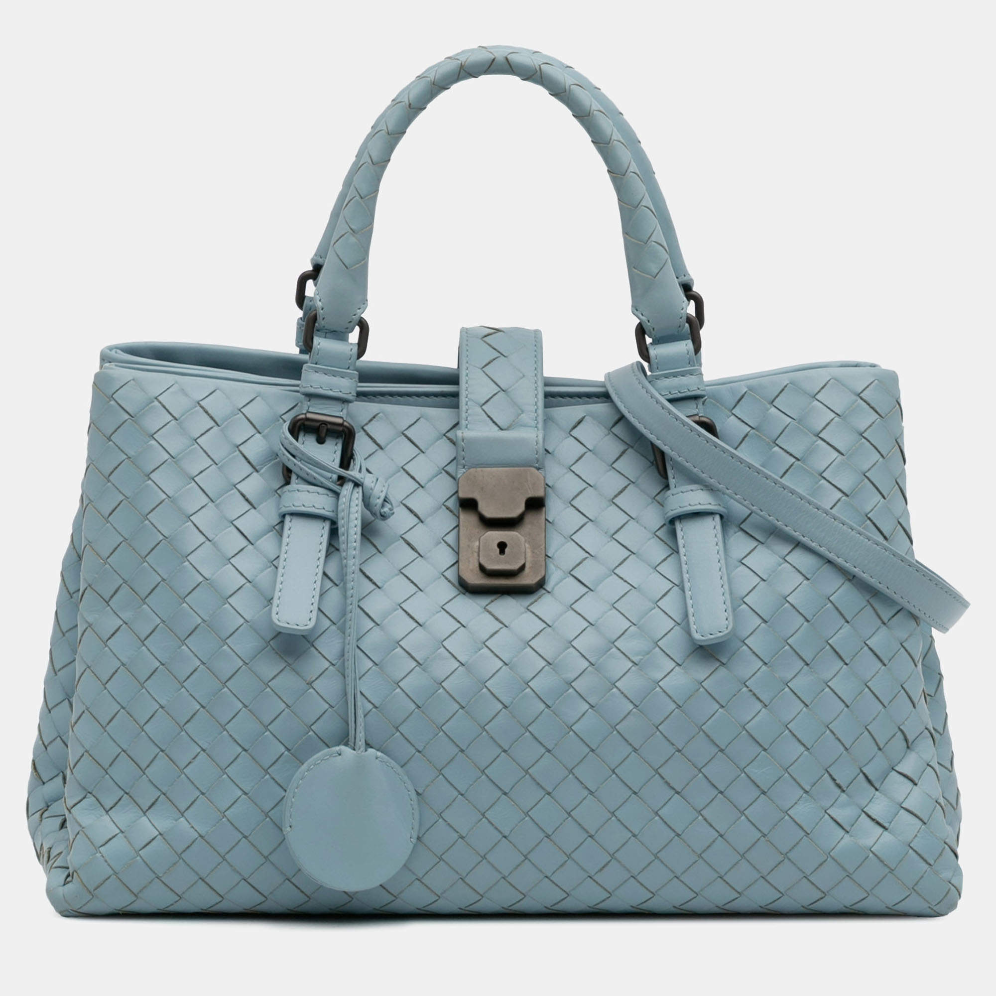 Pre Owned Bottega Veneta Blue Small Nappa Intrecciato Roma Satchel