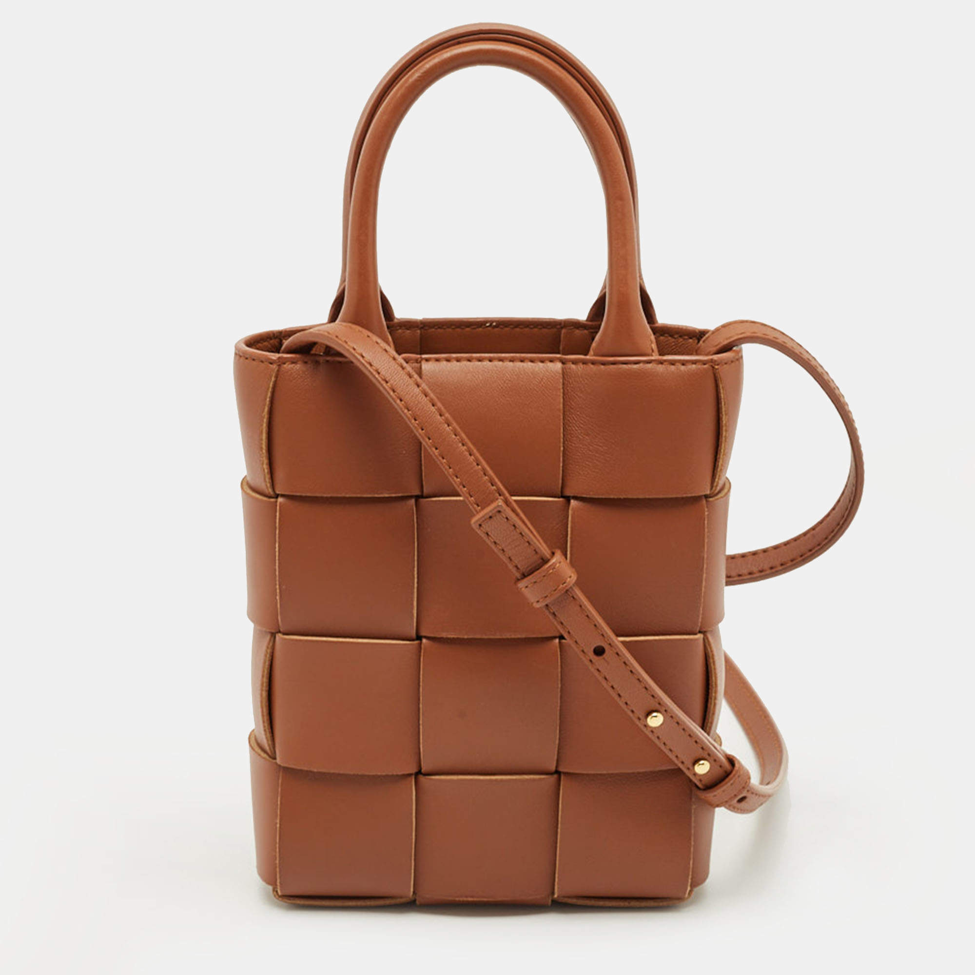 Pre Owned Bottega Veneta Brown Intreccio Leather Mini Cassette Tote