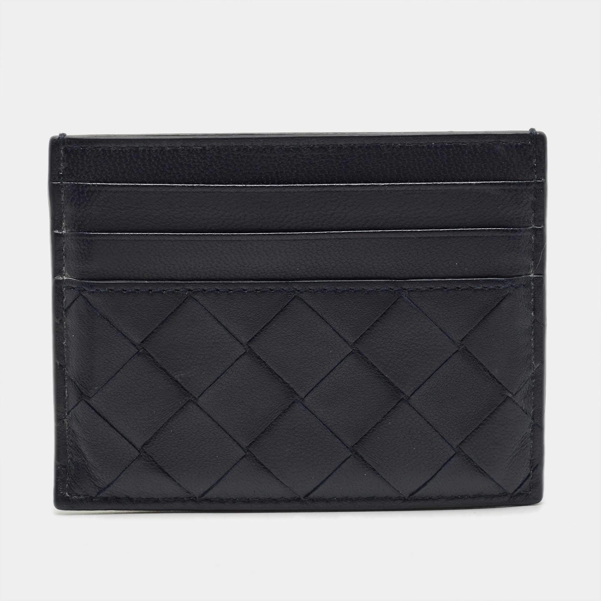 Pre Owned Bottega Veneta Navy Blue Intrecciato Leather Card Holder