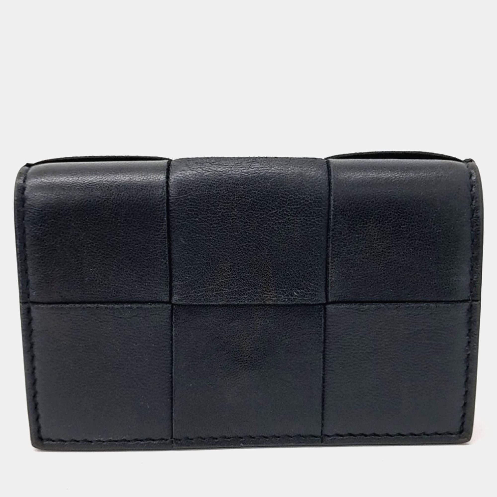Pre Owned Bottega Veneta Black Leather Mesh Business Card Case