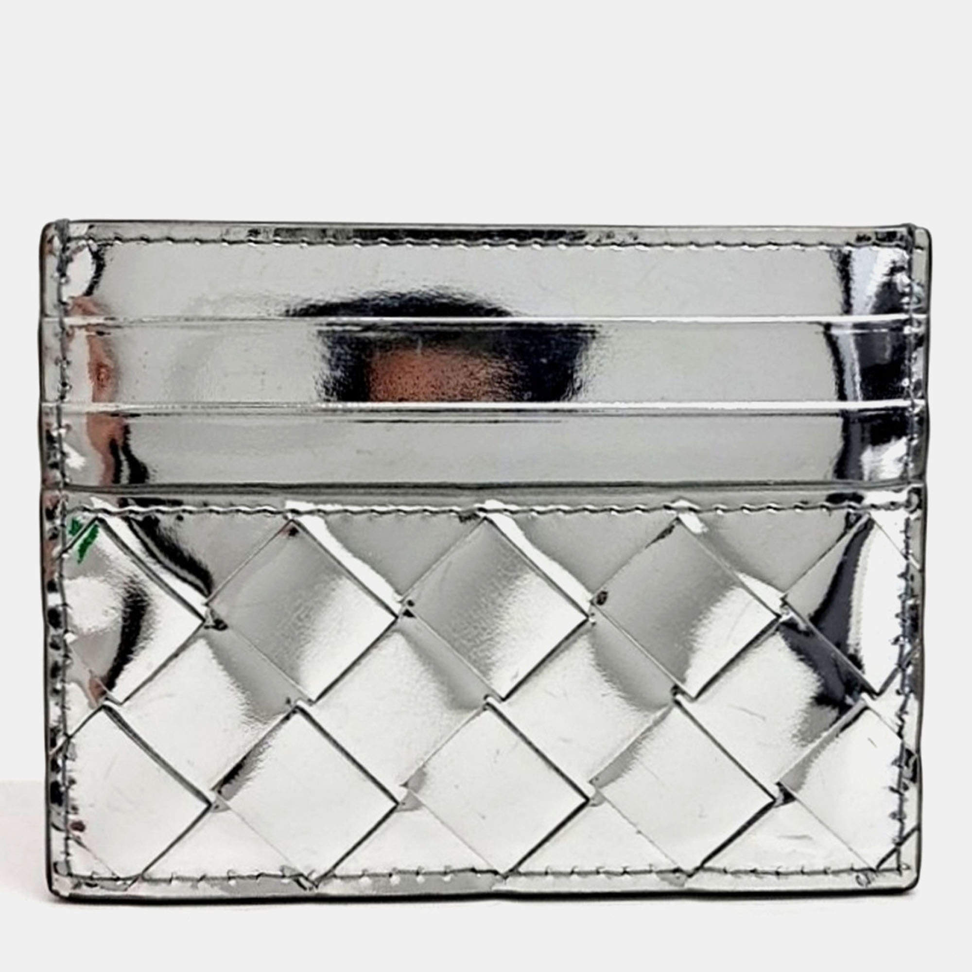 Pre Owned Bottega Veneta Silver Patent Card Holder