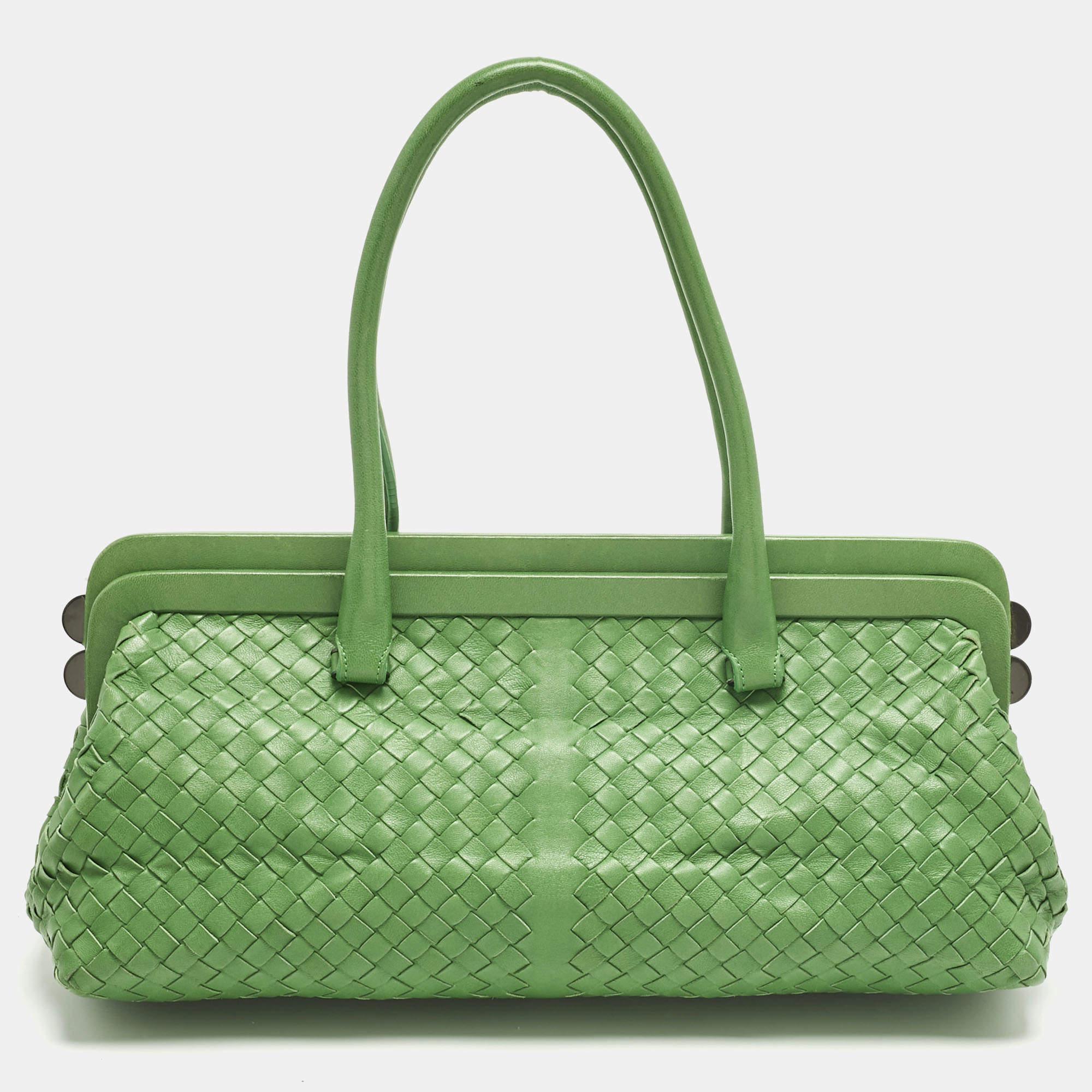 Pre Owned Bottega Veneta Green Intrecciato Leather Frame Satchel