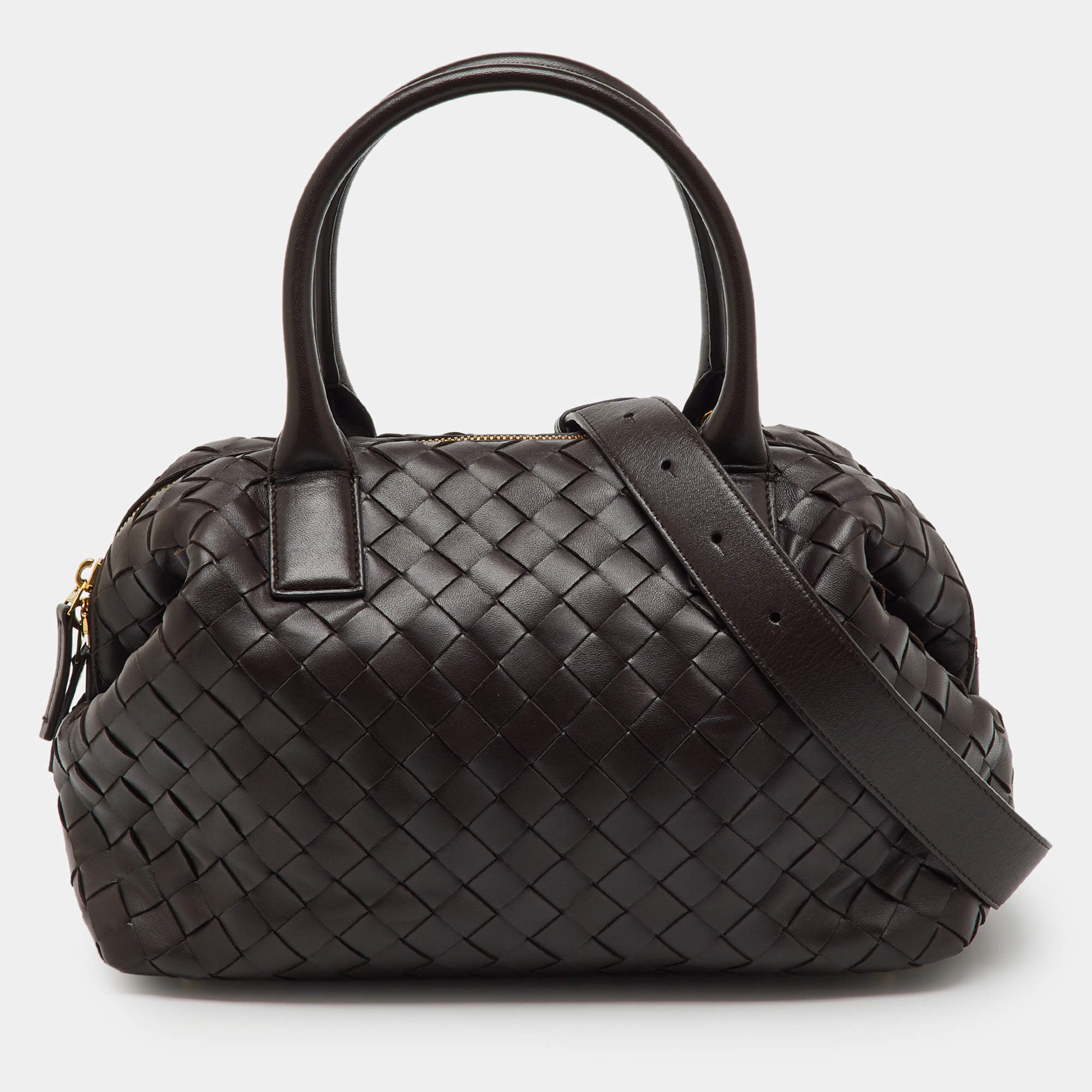 Pre Owned Bottega Veneta Dark Brown Intrecciato Leather Medium Bauletto Bag