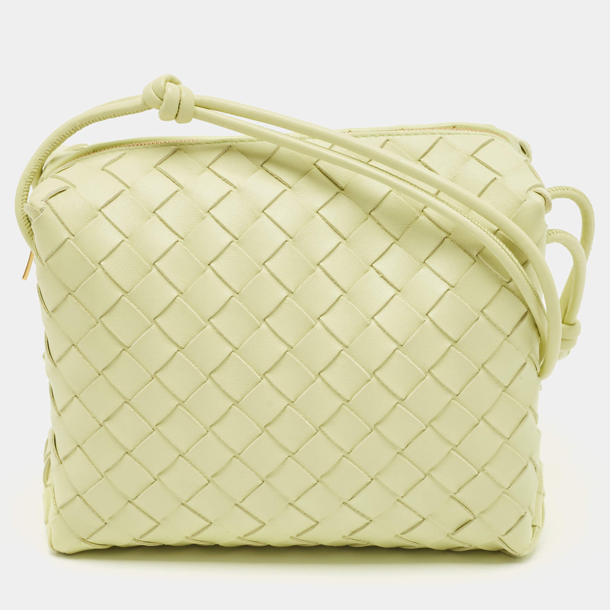 Pre Owned Bottega Veneta Light Green Intrecciato Leather Small Loop Camera Bag