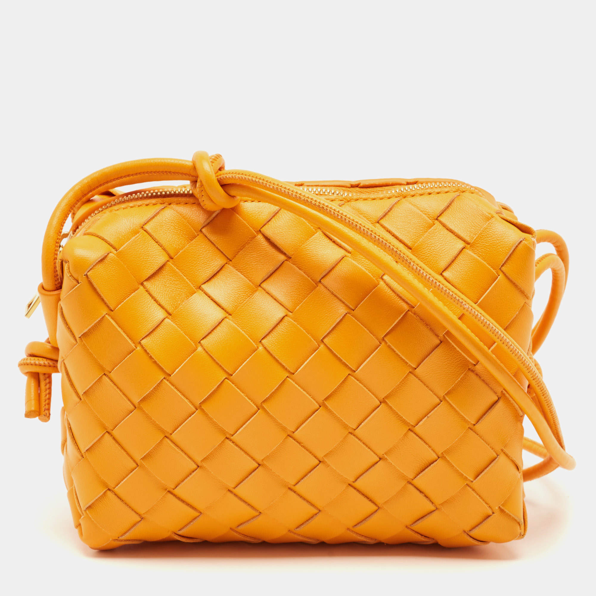 Pre Owned Bottega Veneta Orange Intrecciato Leather Mini Loop Camera Bag