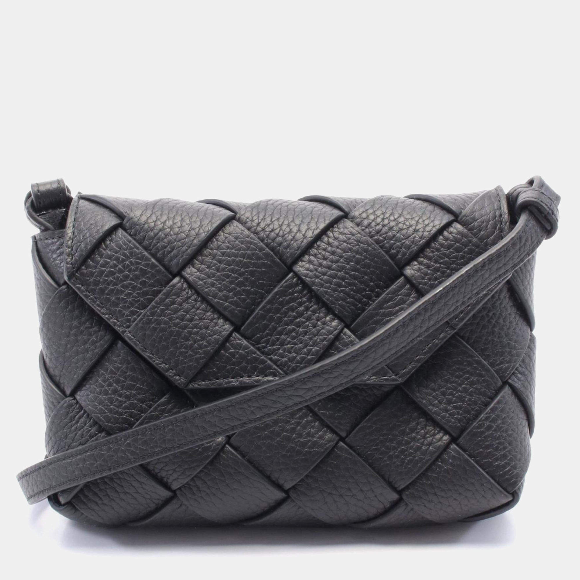 Pre Owned Bottega Veneta Small Diago Shoulder Bag Leather Black