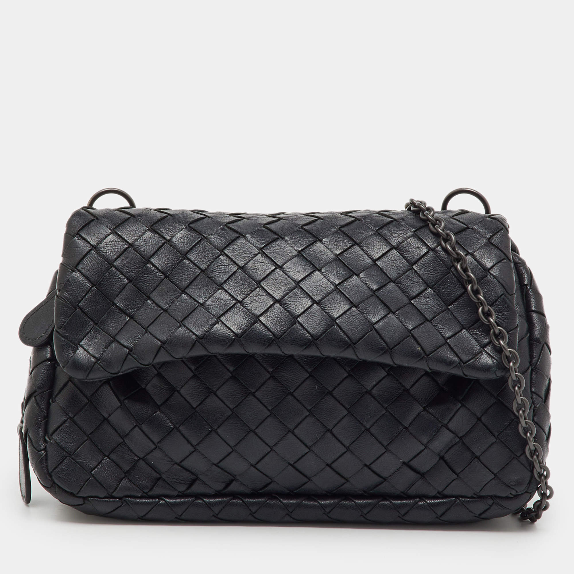 Pre Owned Bottega Veneta Black Intrecciato Leather Olimpia Chain Shoulder Bag