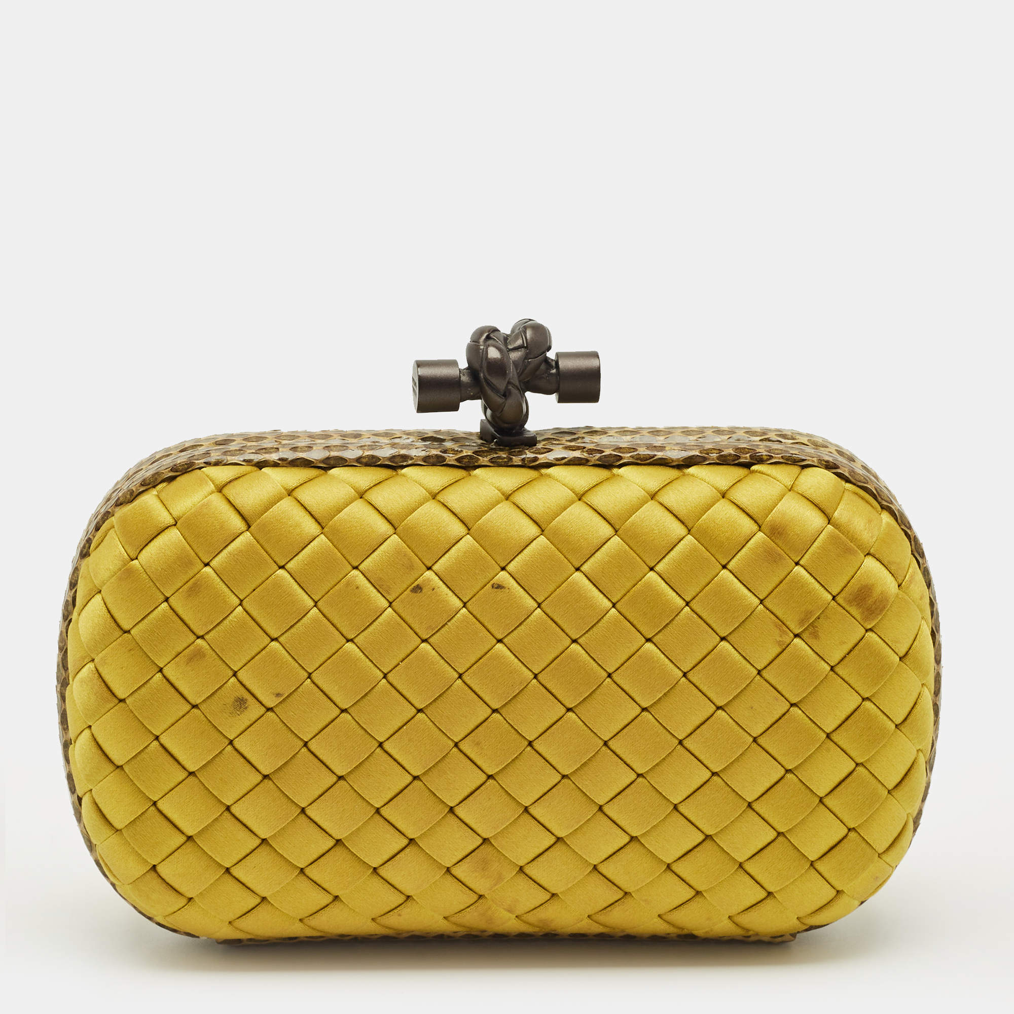 Pre Owned Bottega Veneta Yellow Intrecciato Satin and Snakeskin Knot Clutch