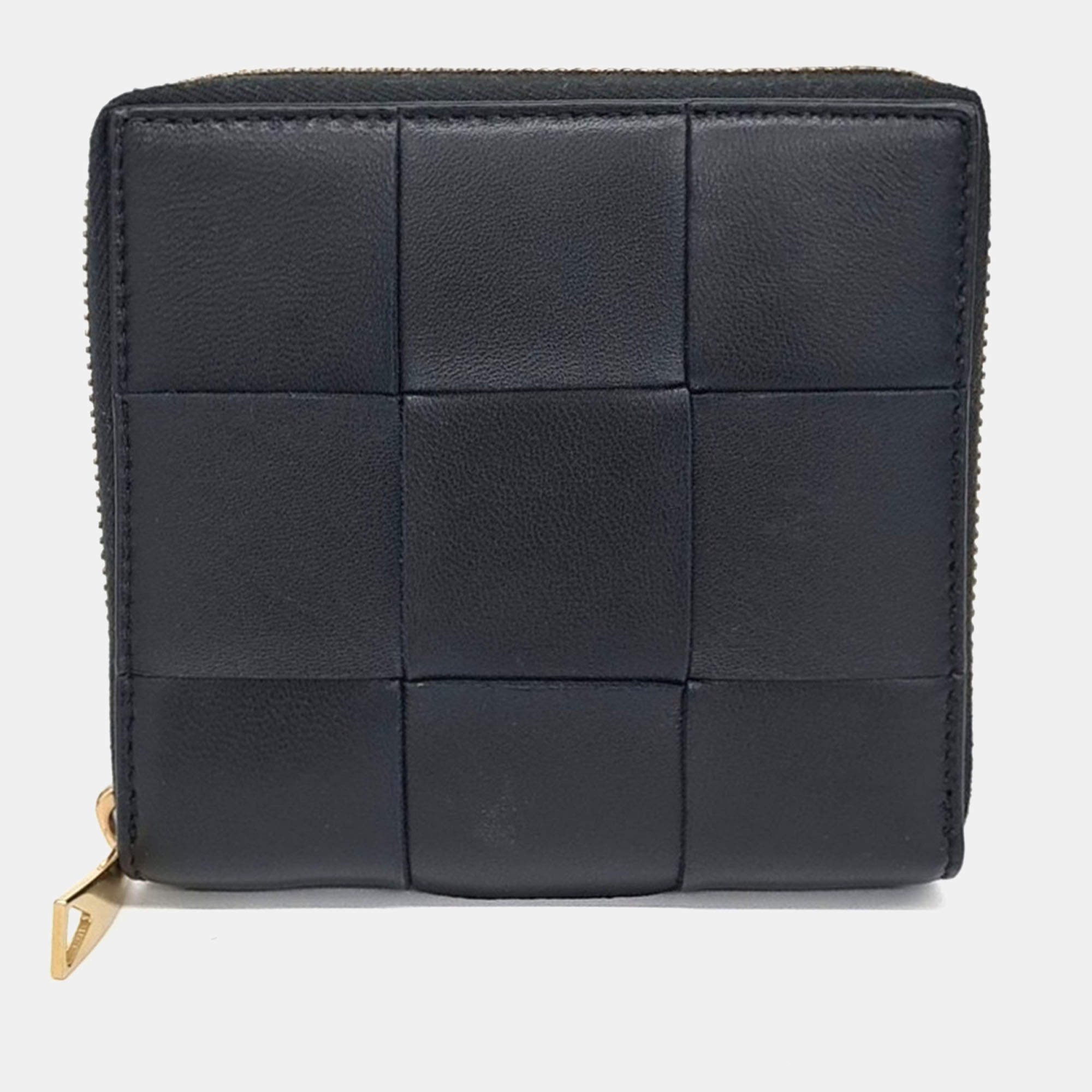Pre Owned Bottega Veneta Black Leather Mesh Medium Wallet