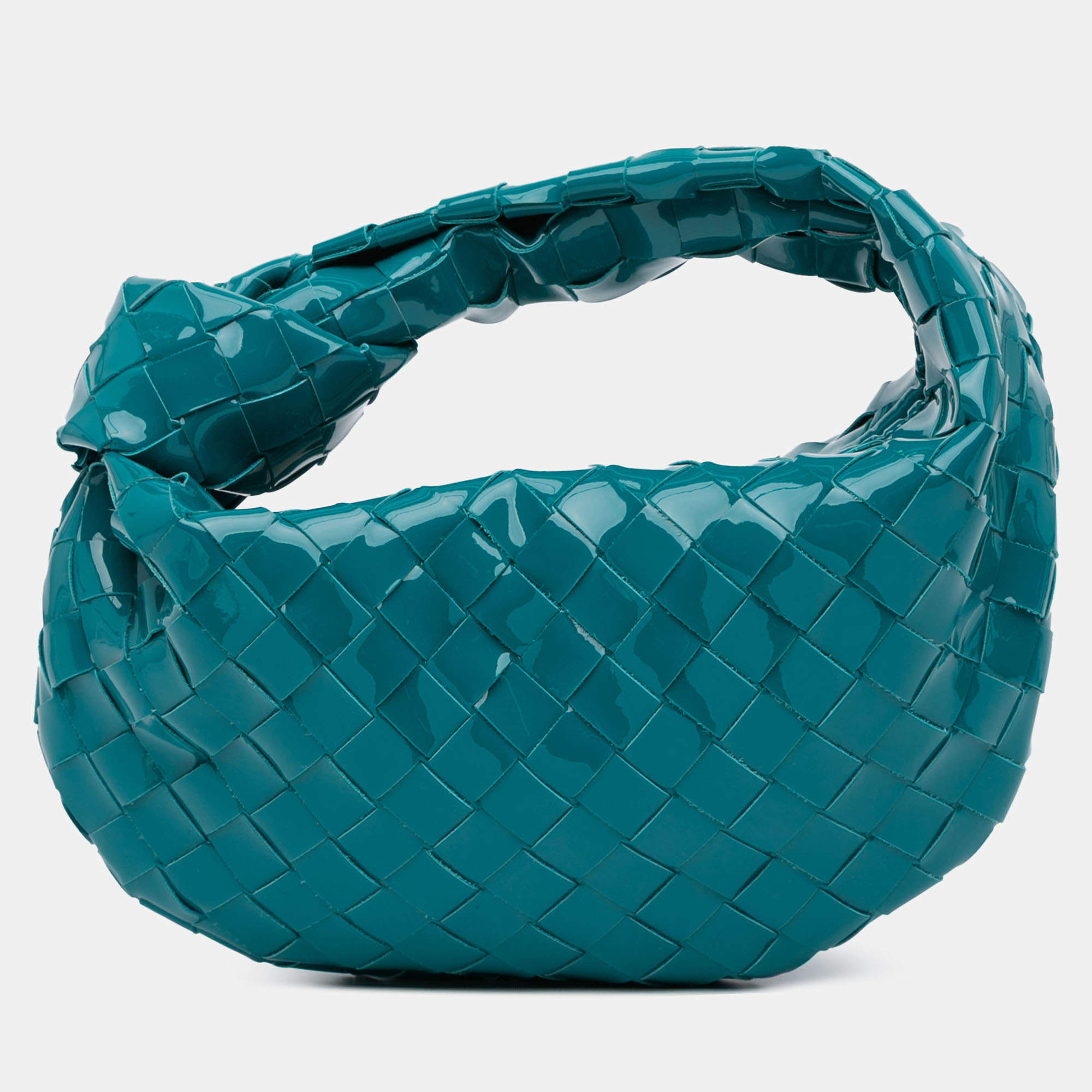 Pre Owned Bottega Veneta Blue Mini Patent Intrecciato Jodie