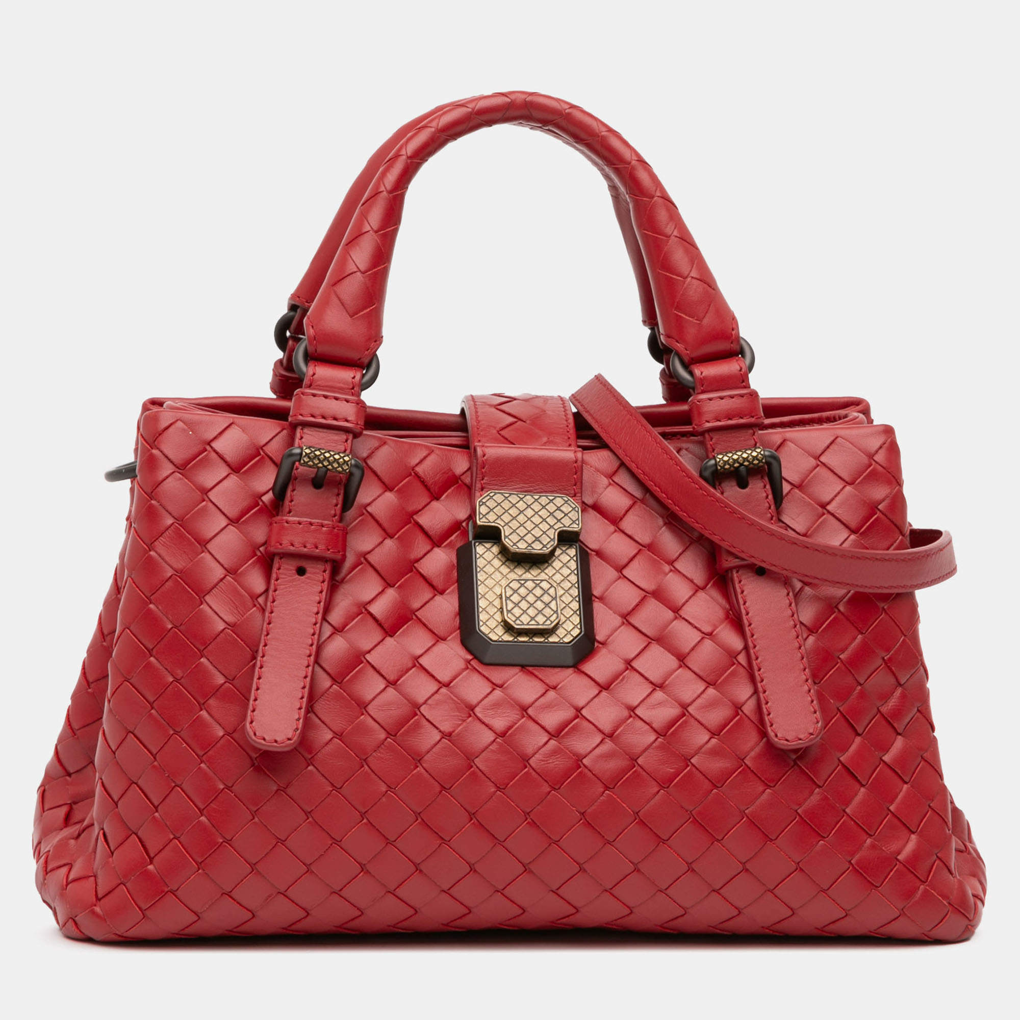 Pre Owned Bottega Veneta Red Mini Nappa Intrecciato Roma Satchel