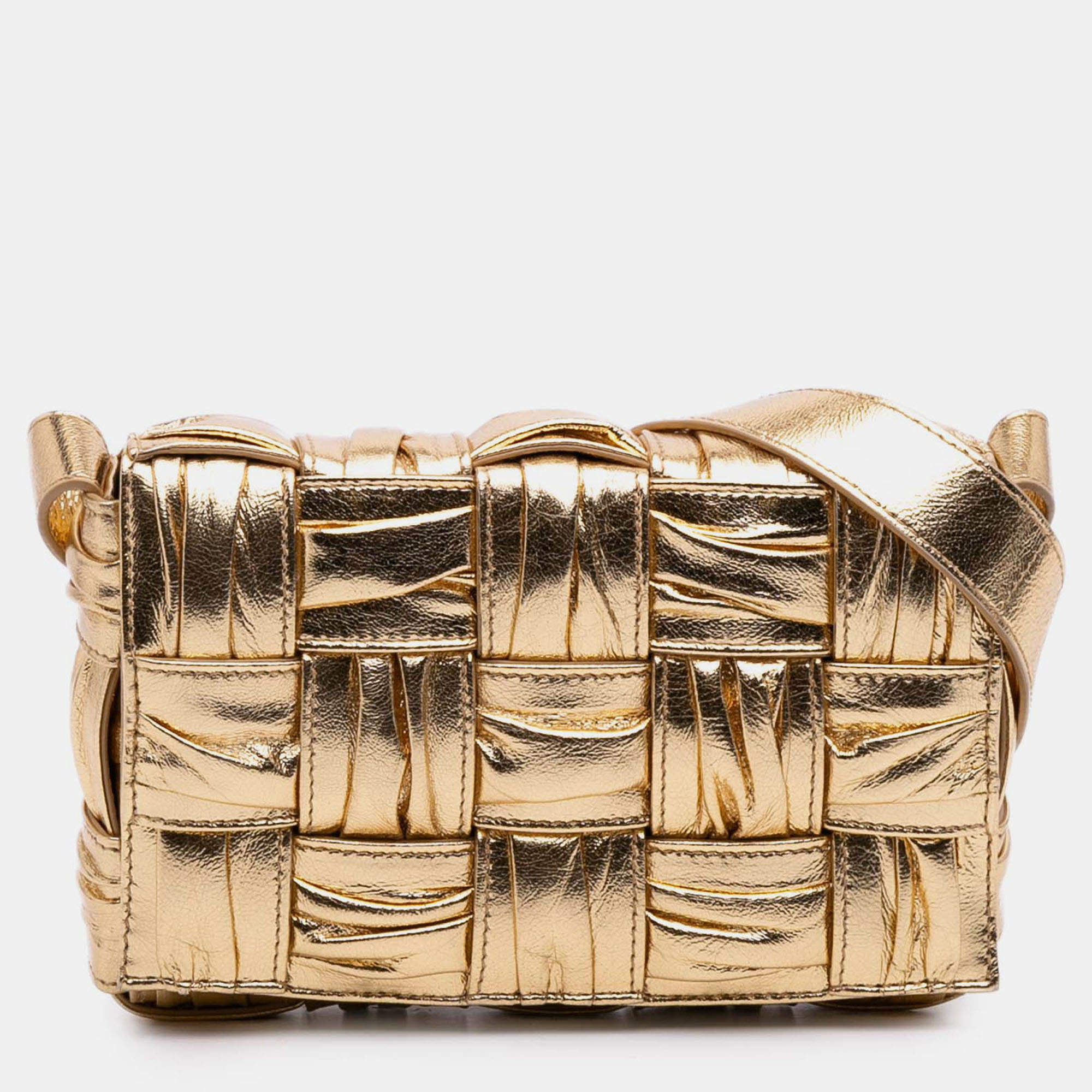 Pre Owned Bottega Veneta Gold Small Metallic Calfskin Intreccio Plisse Cassette Crossbody