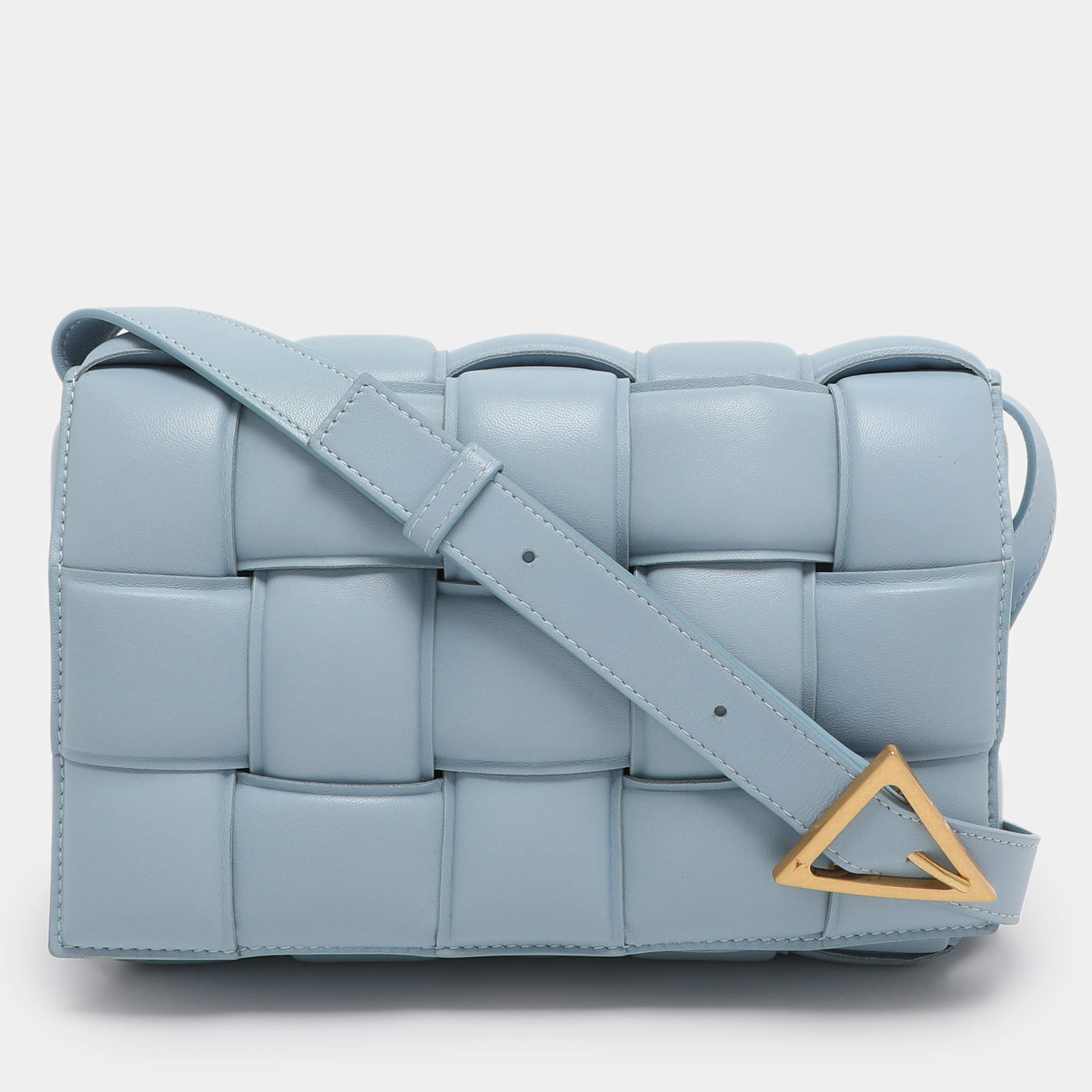 Pre Owned Bottega Veneta Light Blue Leather Cassette Padded Shoulder Bag