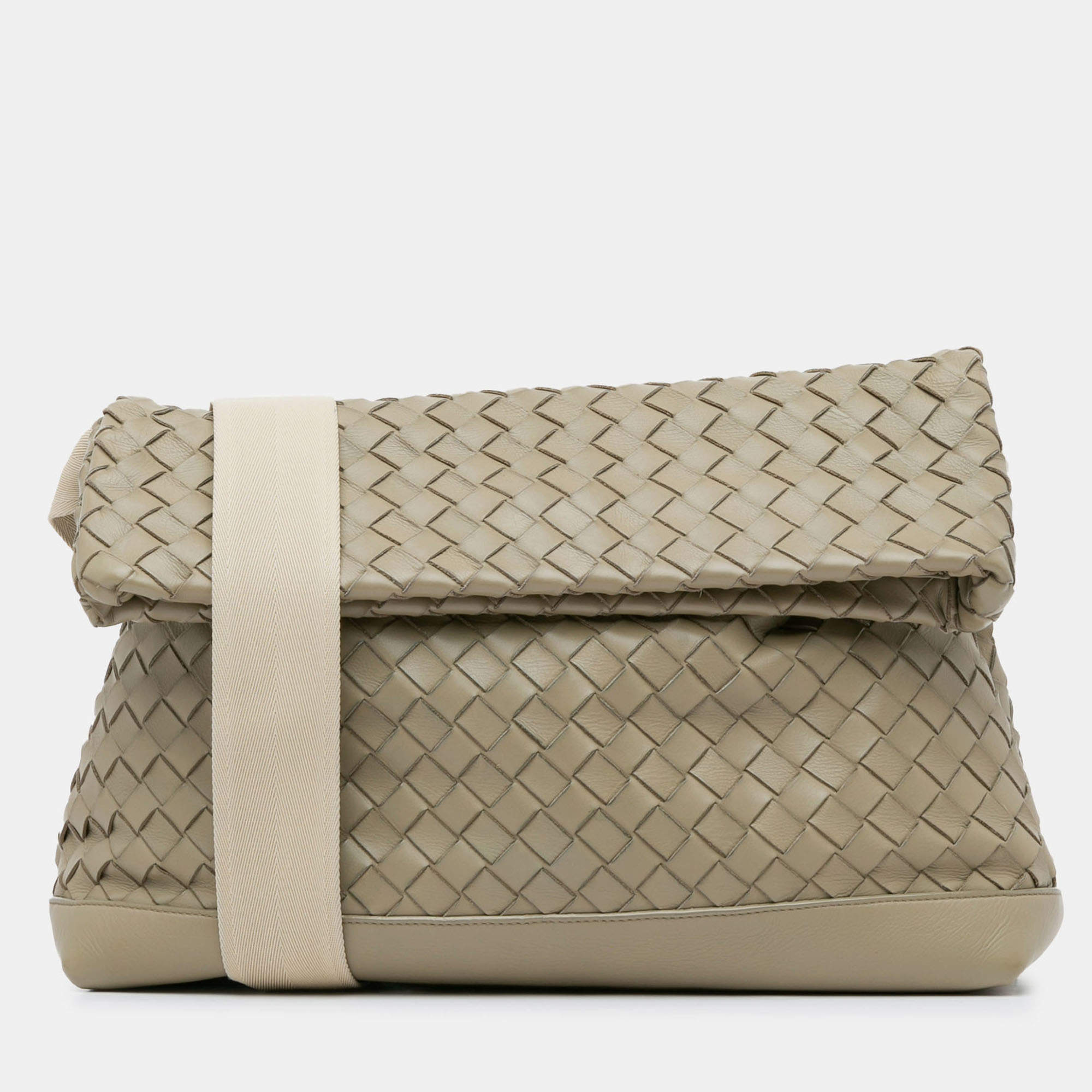 Pre Owned Bottega Veneta Beige Nappa Intrecciato Fold Over Crossbody