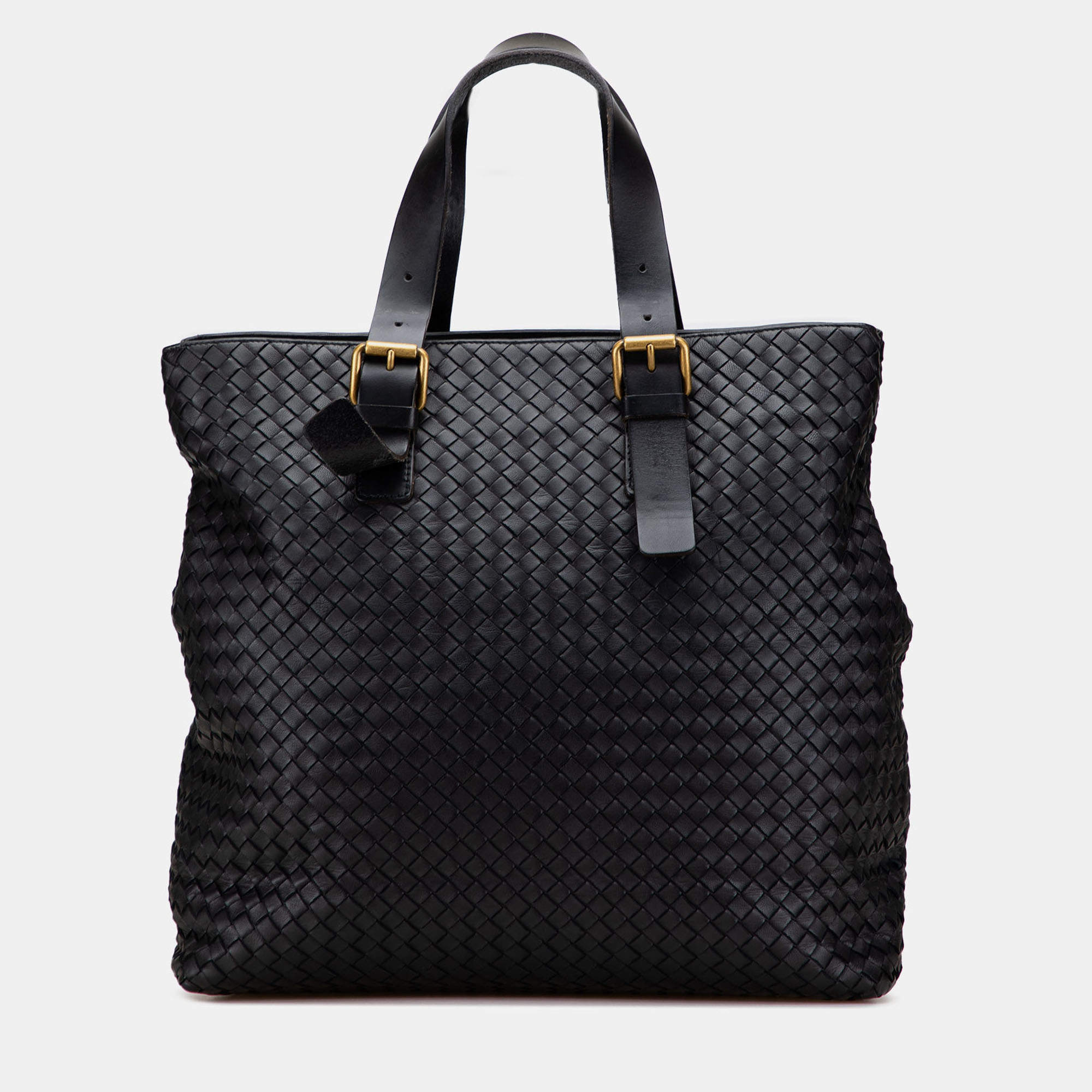 Pre Owned Bottega Veneta Black Nappa Intrecciato Belted Tote