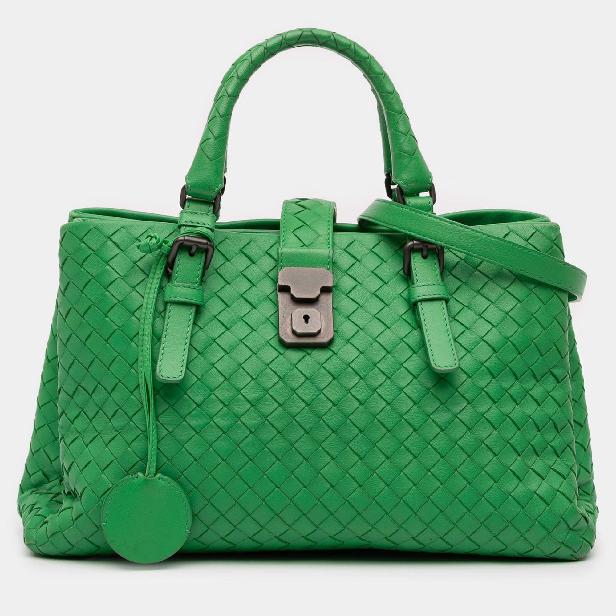 Pre Owned Bottega Veneta Green Small Nappa Intrecciato Roma Satchel