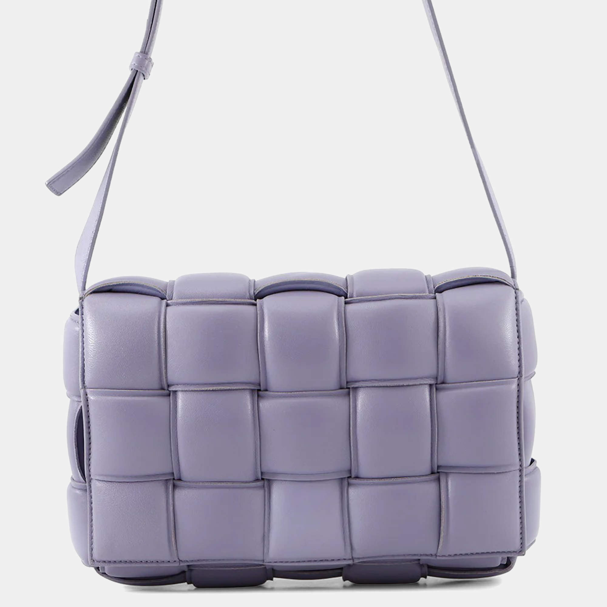 Pre Owned Bottega Veneta Maxi Intrecciato Padded Cassette Shoulder Bag Purple Leather
