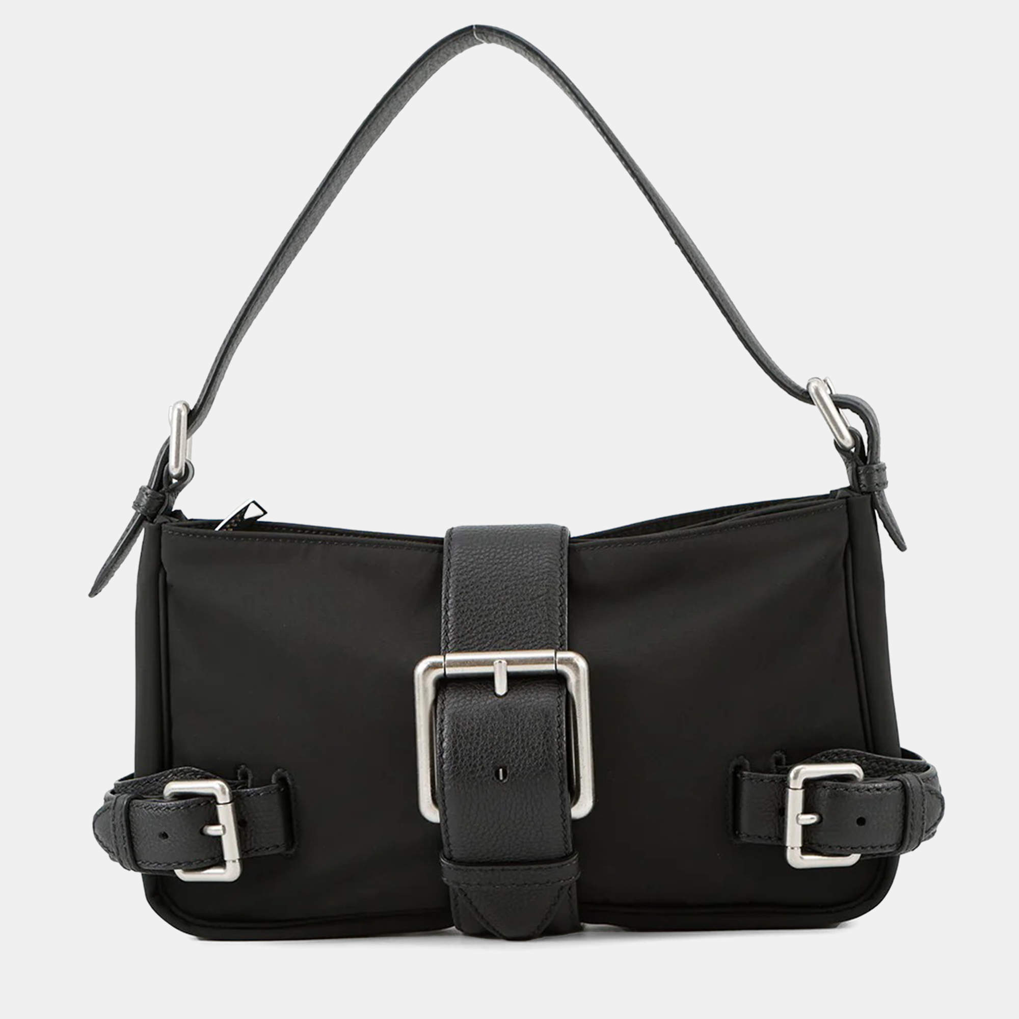 Pre Owned Bottega Veneta Flap Buckle Shoulder Bag Black Nylon Leather