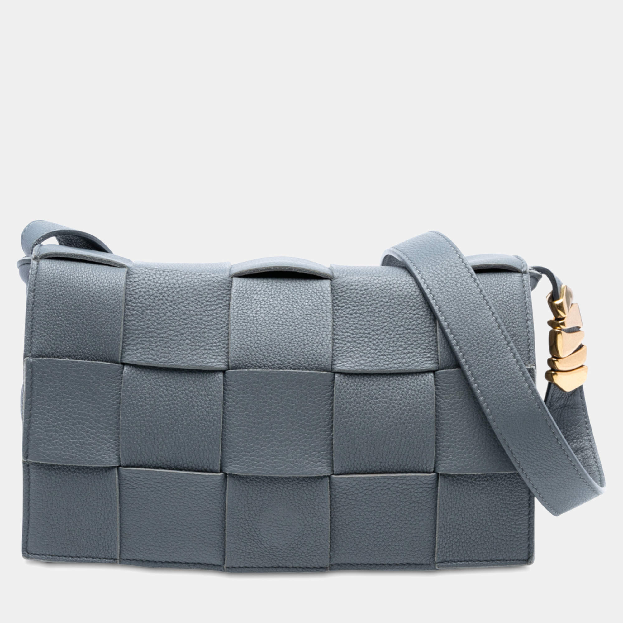 Pre Owned Bottega Veneta Grey Grained Calfskin Intrecciato Cassette Crossbody