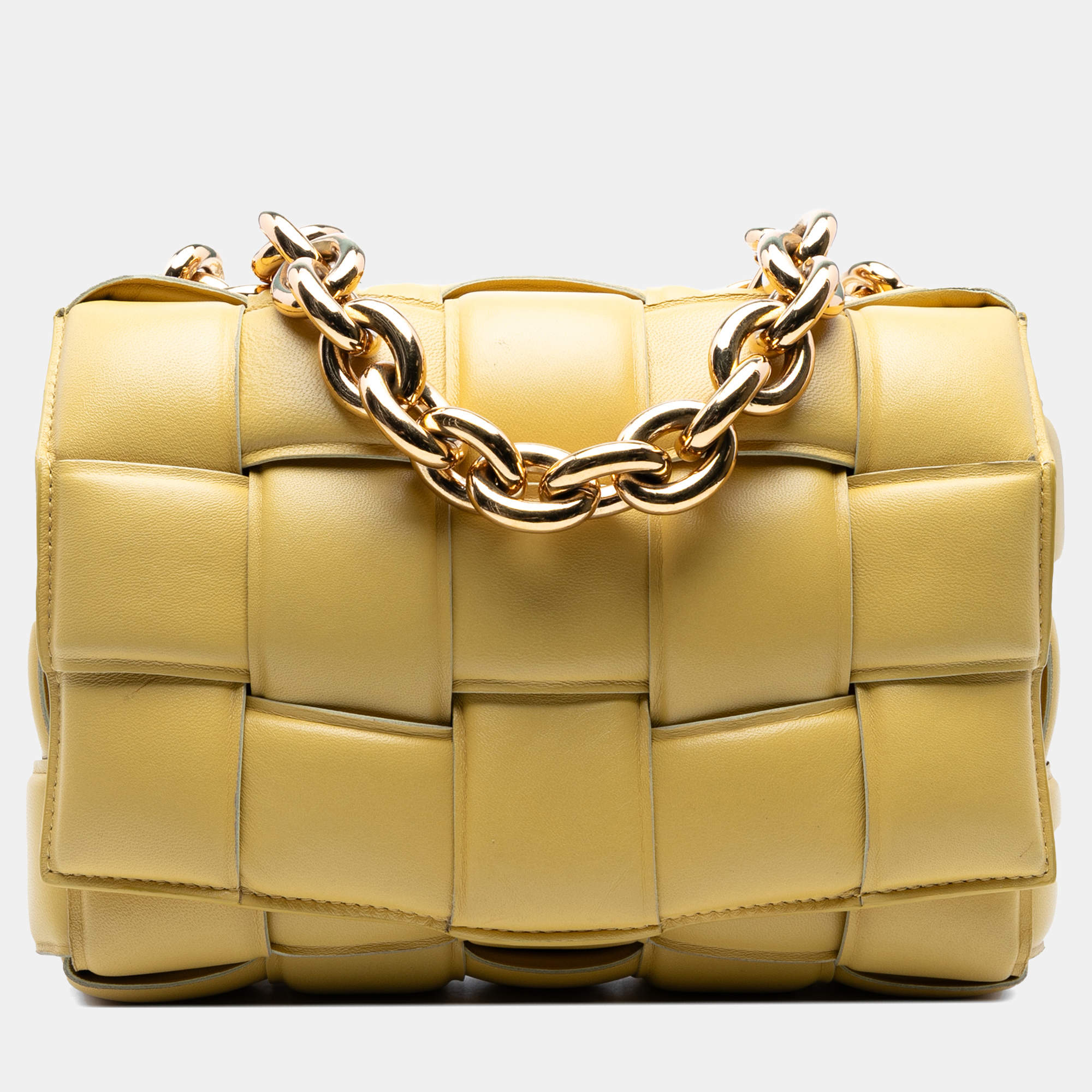 Pre Owned Bottega Veneta Yellow Nappa Intrecciato Padded Chain Cassette Satchel