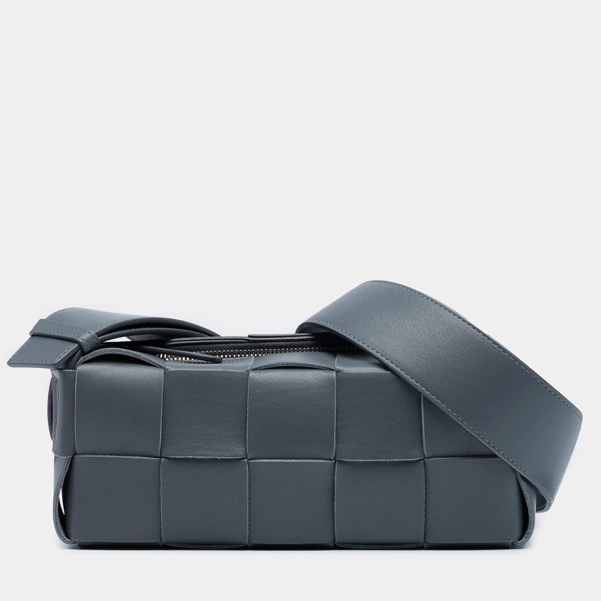Pre Owned Bottega Veneta Grey Small Lambskin Intrecciato Brick Cassette