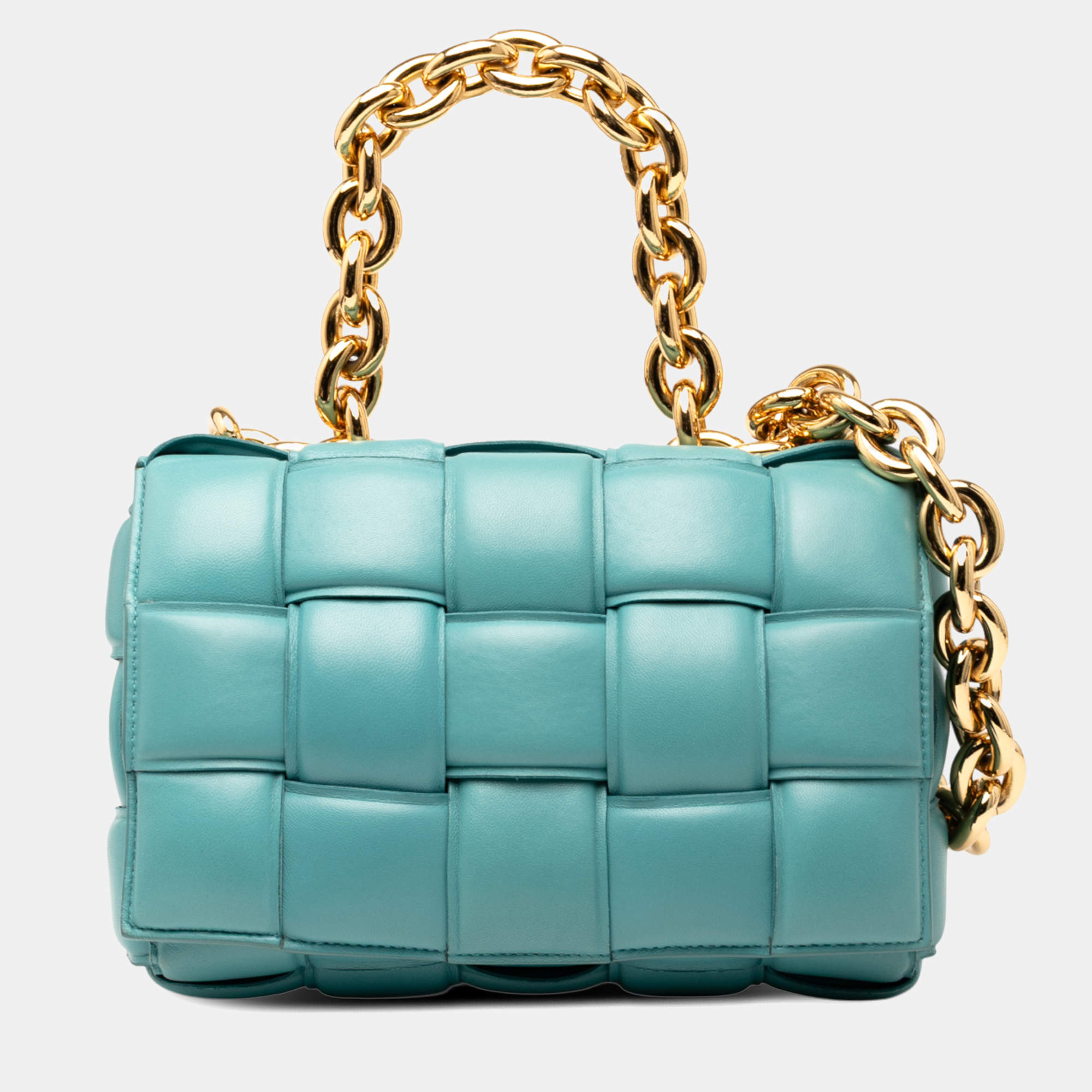 Pre Owned Bottega Veneta Blue Nappa Intrecciato Padded Chain Cassette Satchel