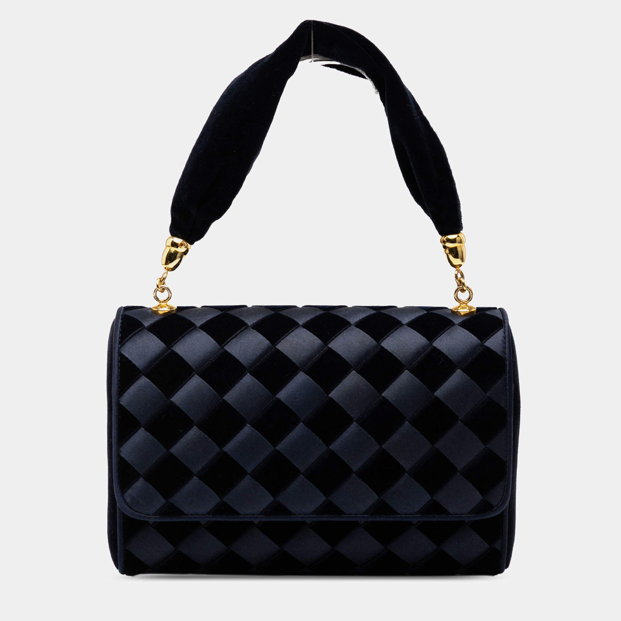 Pre Owned Bottega Veneta Navy Blue Velvet and Satin Intrecciato Top Handle Bag