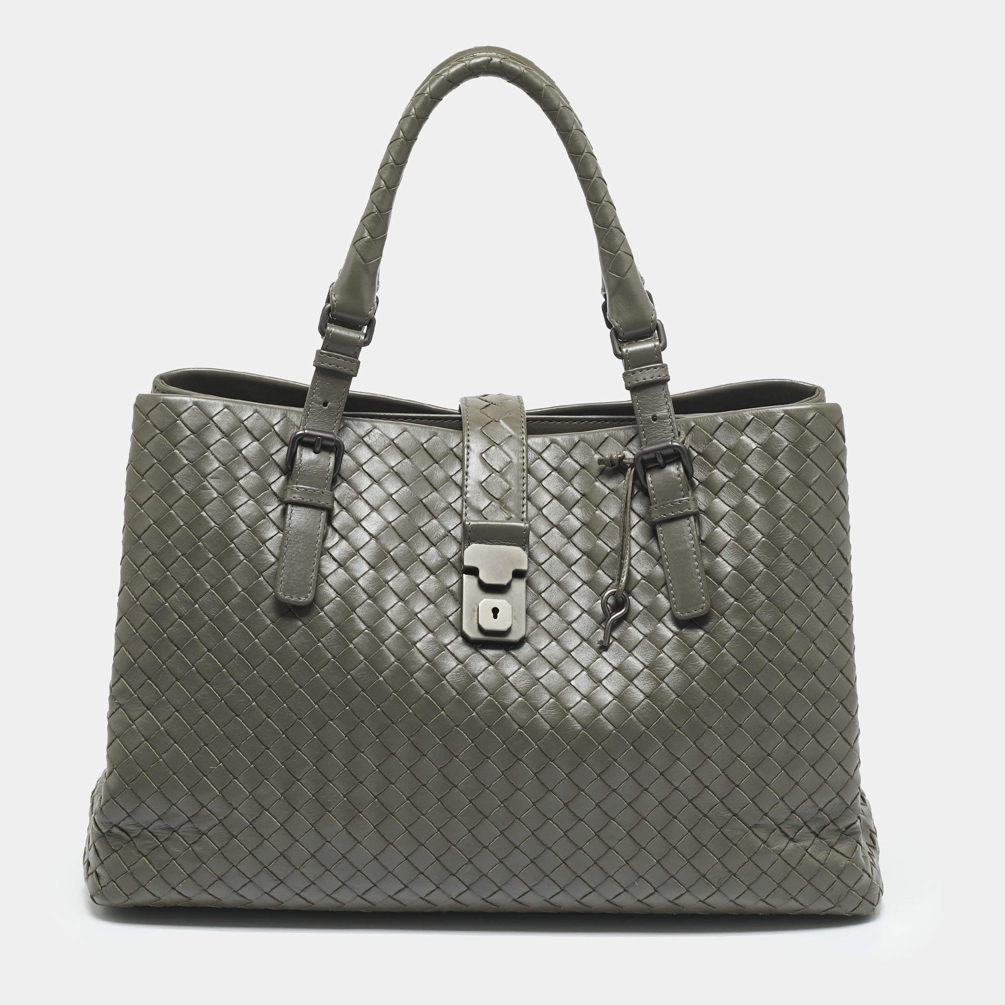 Pre Owned Bottega Veneta Grey Intrecciato Leather Medium Roma Tote