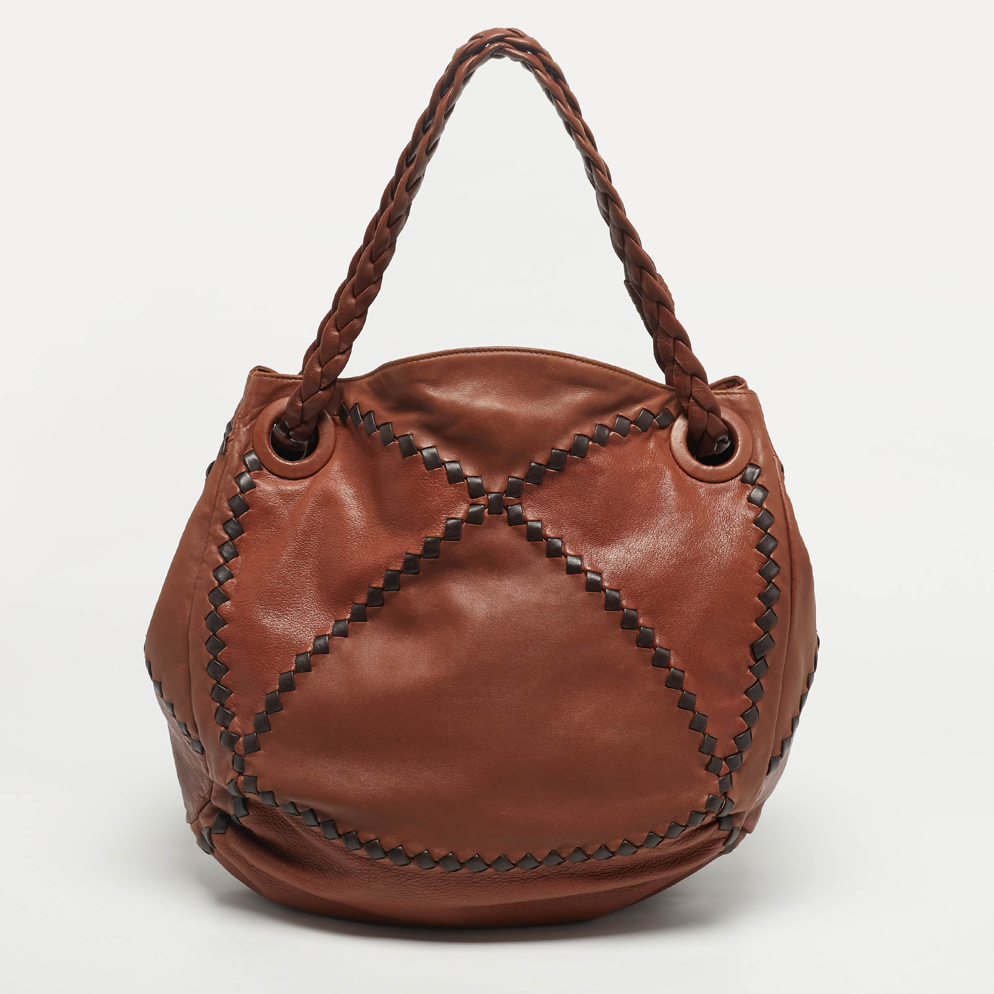 Pre Owned Bottega Veneta Two Tone Brown Woven Leather Shoulder Bag