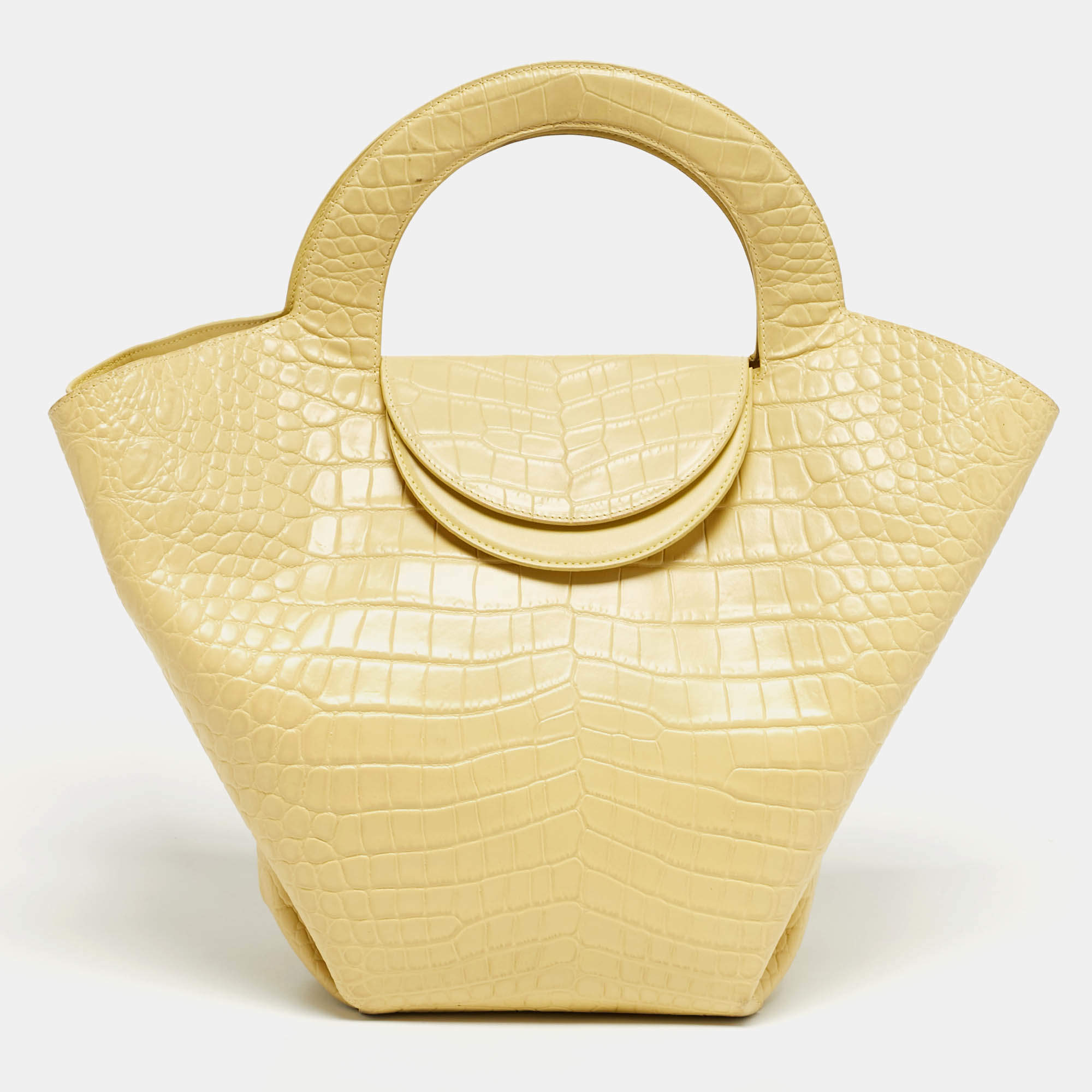 Pre Owned Bottega Veneta Yellow Crocodile Embossed Leather Doll Tote