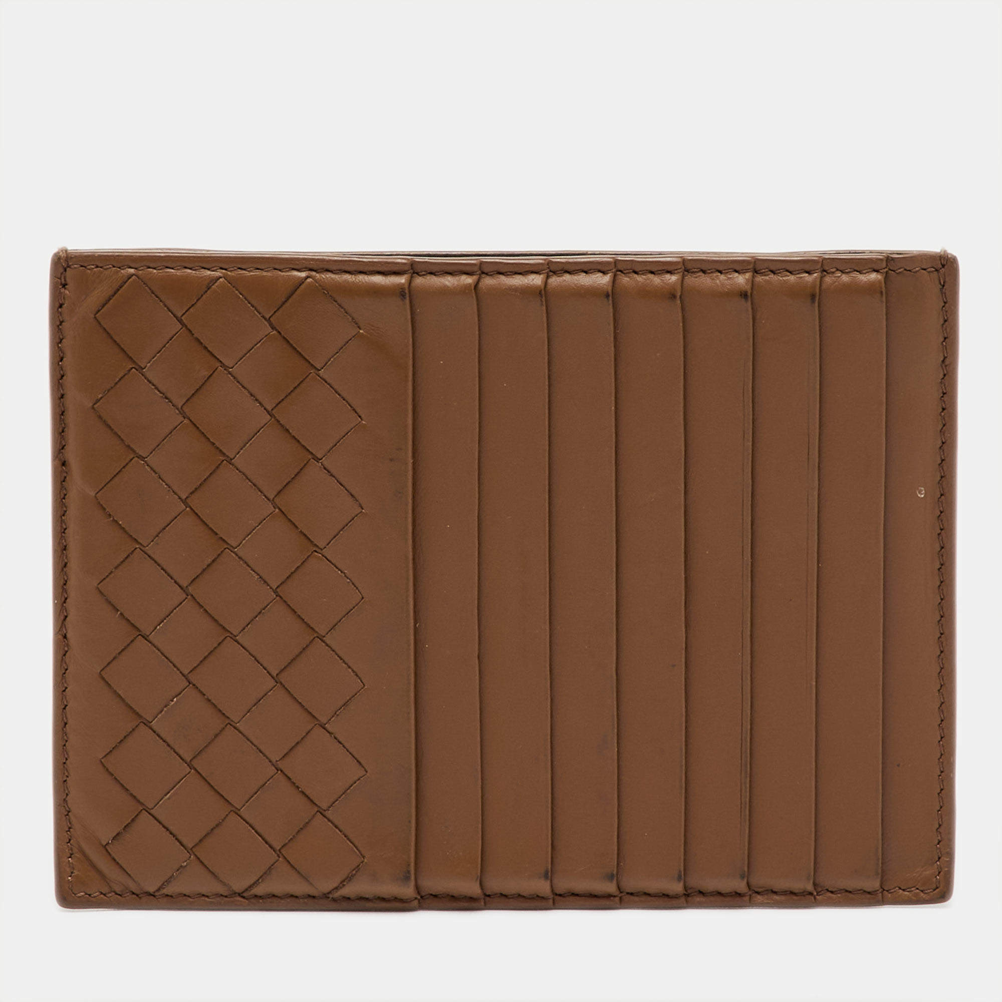 Pre Owned Bottega Veneta Brown Intrecciato Leather Card Case