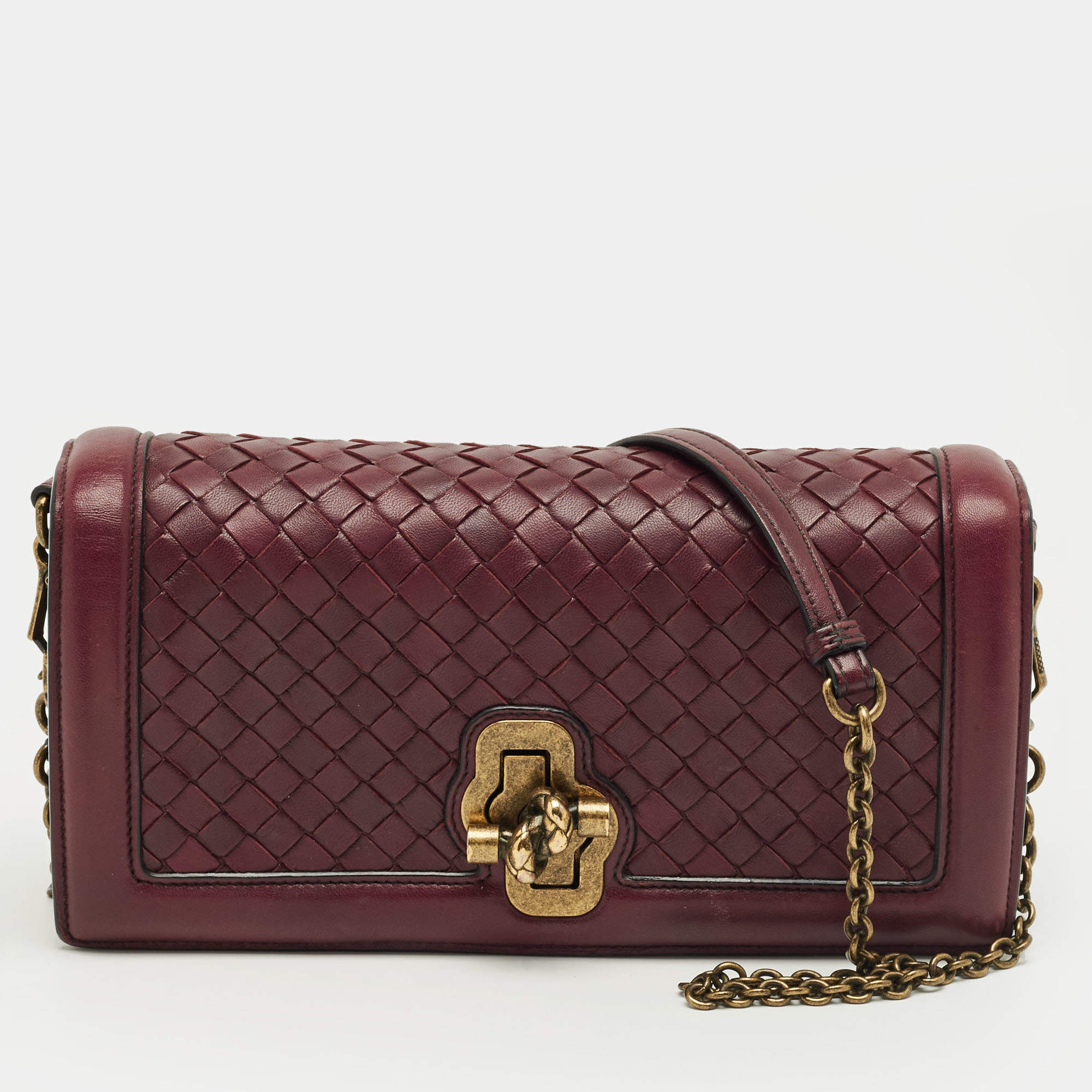 Pre Owned Bottega Veneta Burgundy Intrecciato Leather Olimpia Knot Shoulder Bag