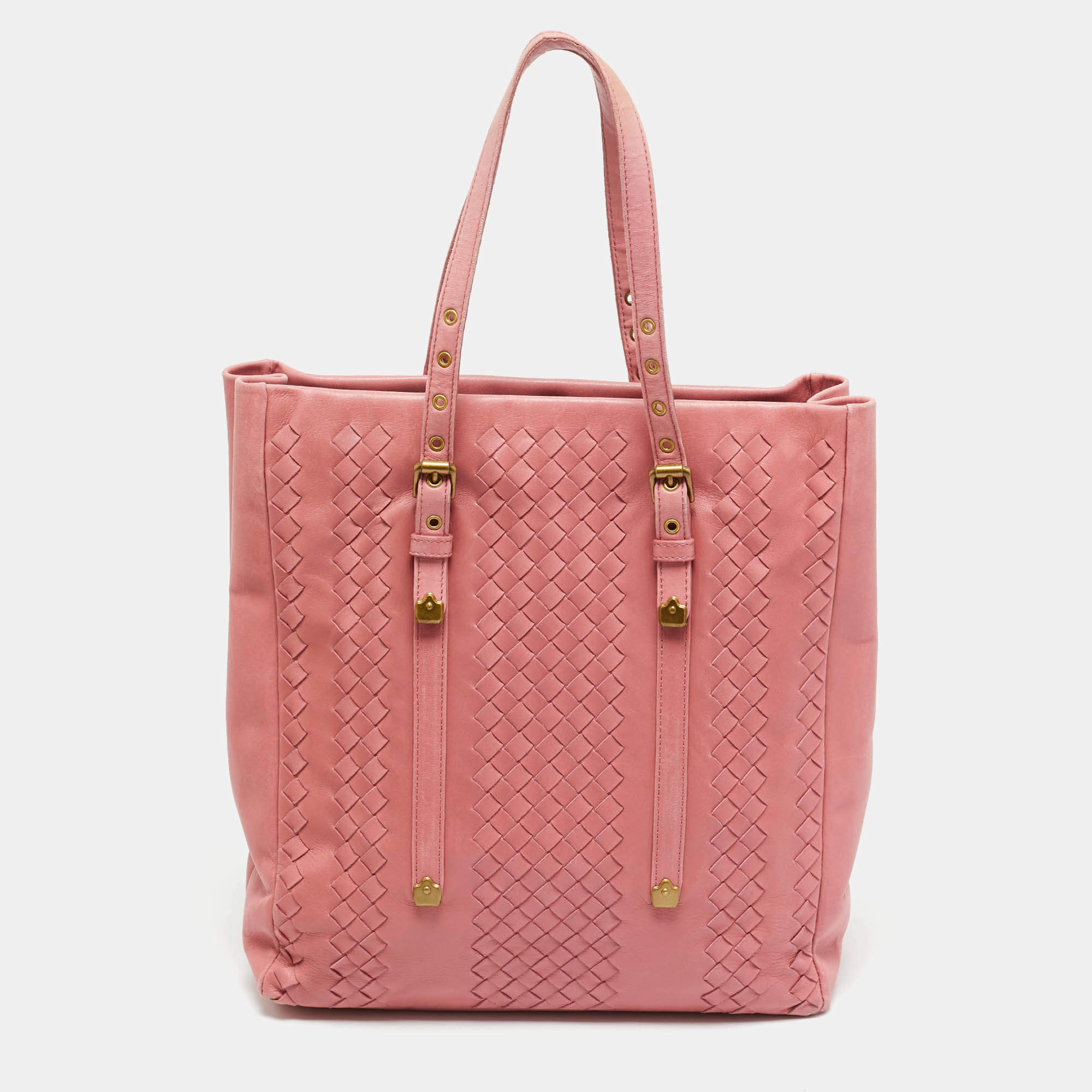 Pre Owned Bottega Veneta Pink Intrecciato Leather Vertical Tote