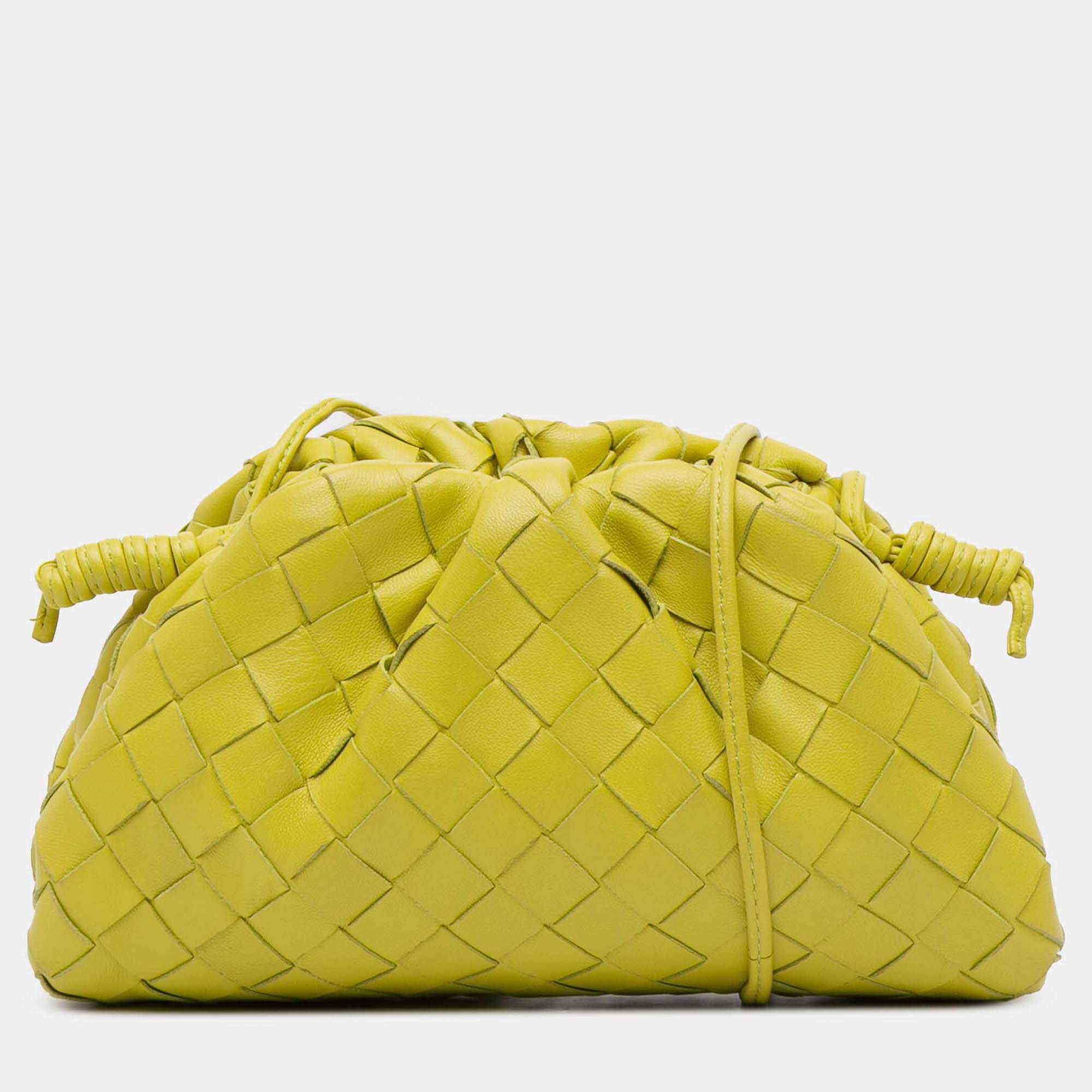Pre Owned Bottega Veneta Yellow Nappa Intrecciato The Mini Pouch Crossbody