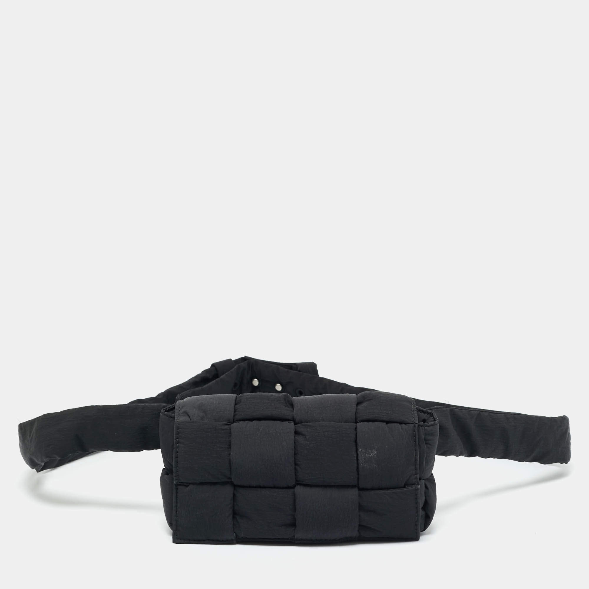 Pre Owned Bottega Veneta Black Intreccio Nylon Cassette Belt Bag