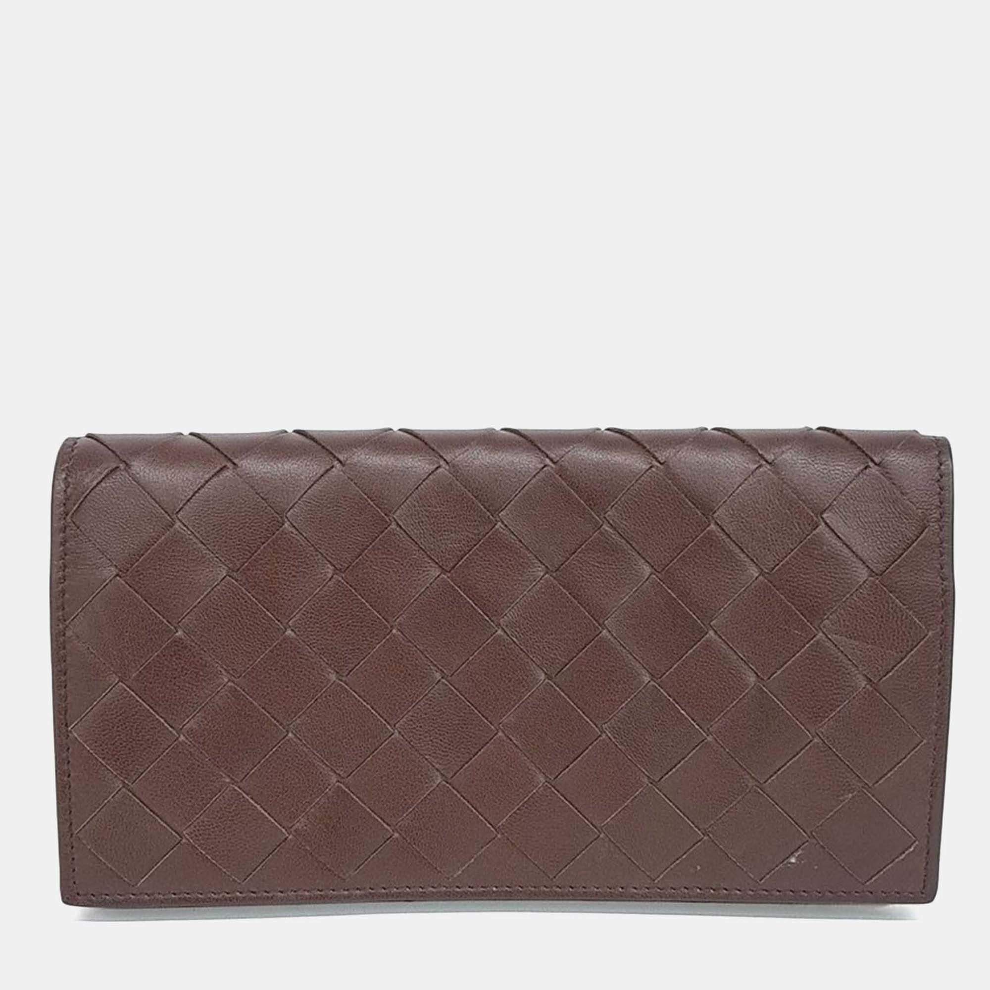 Pre Owned Bottega Veneta Brown Leather Mesh Long Wallet