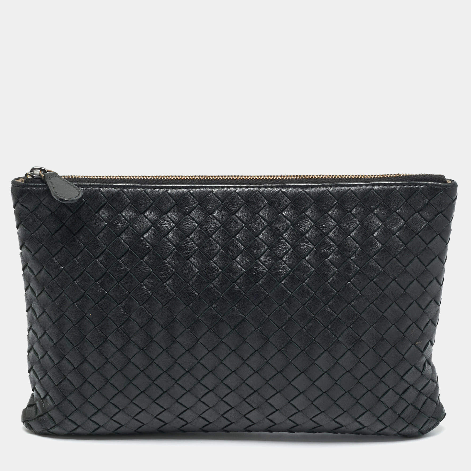 Pre Owned Bottega Veneta Black Intrecciato Leather Zip Flat Clutch