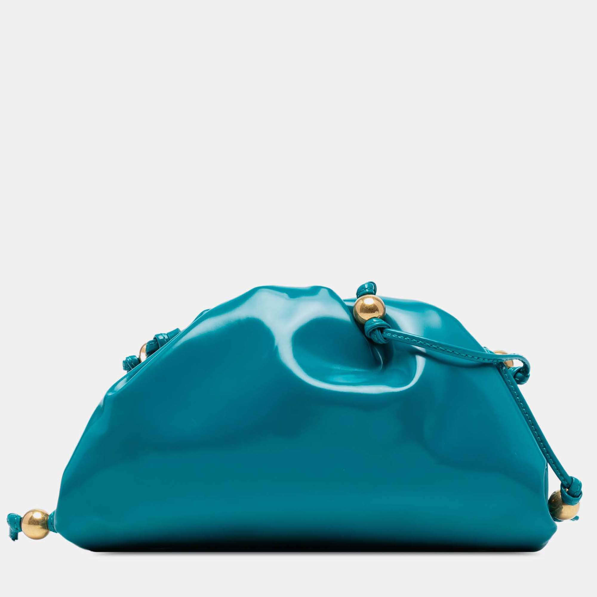 Pre Owned Bottega Veneta Blue Patent Beaded Strap The Mini Pouch Crossbody