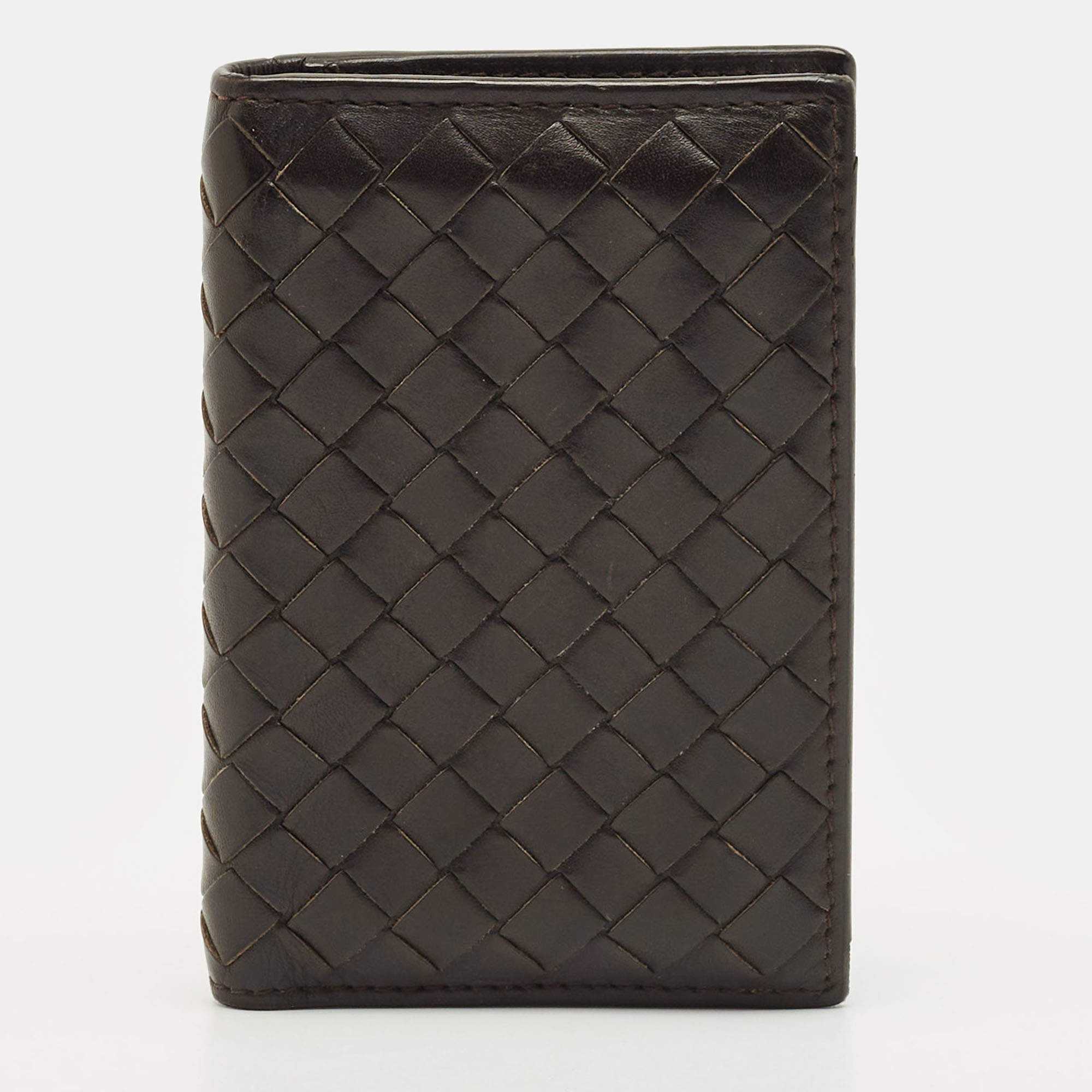 Pre Owned Bottega Veneta Dark Brown Intrecciato Leather Card Case