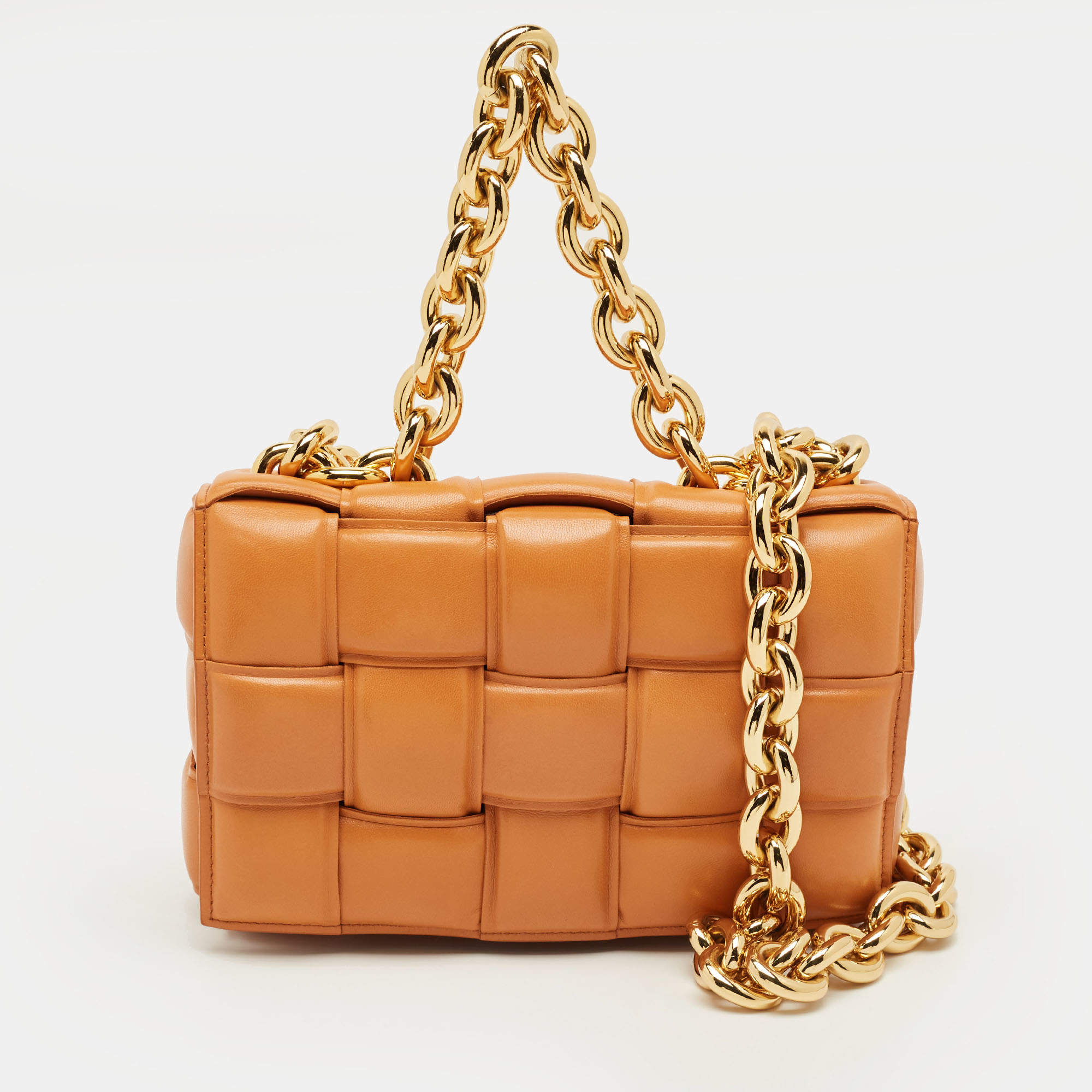 Pre Owned Bottega Veneta Brown Intreccio Leather Padded Cassette Chain Bag